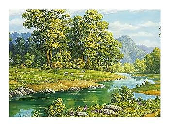 Amazon.com: HAKOYEE 自然風景畫- 手繪3D 綠水綠山森林藝術油畫