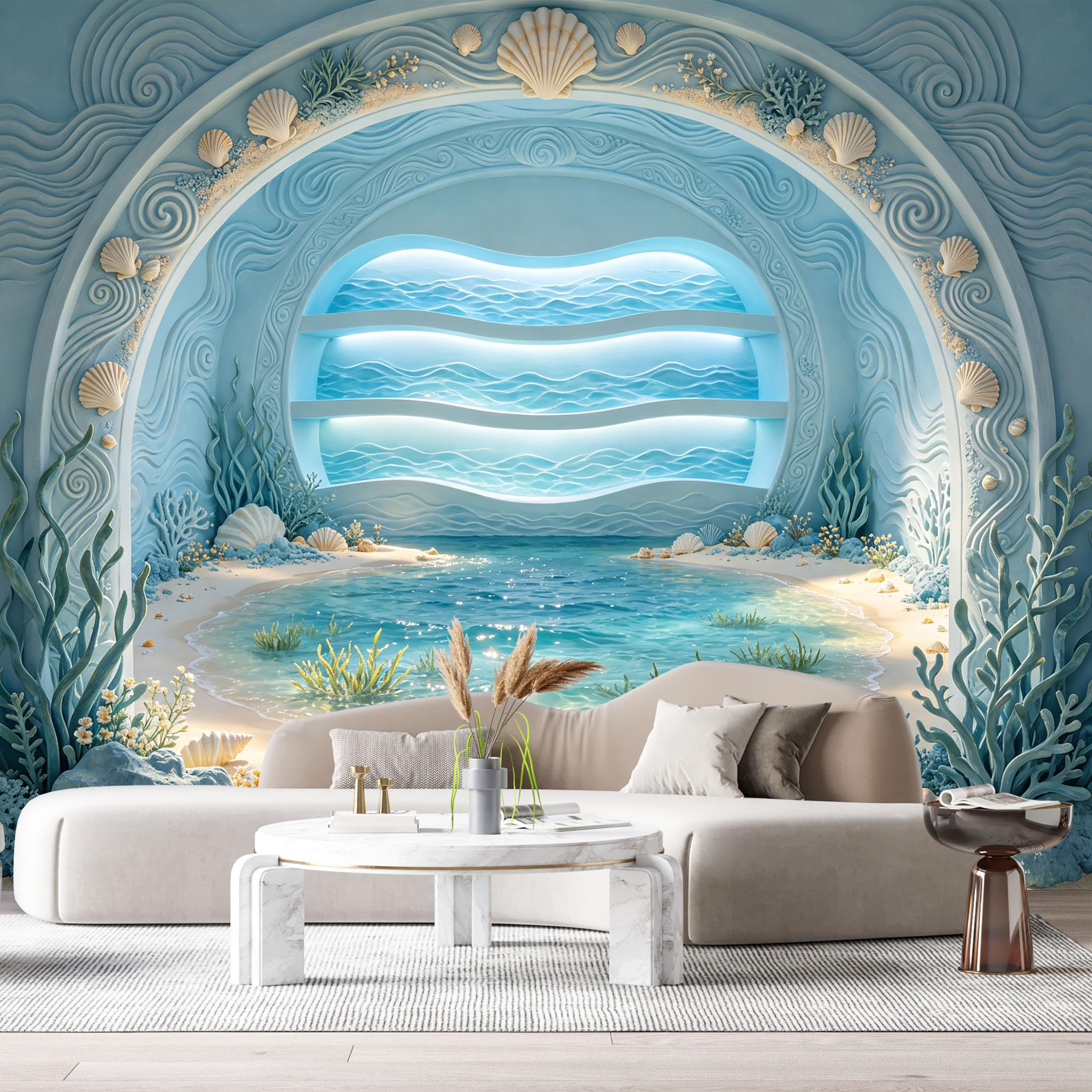 Custom Size Wall Murals Ocean/Marine Coastal Grotto Seashells Textured 3D Trompe L'Oeil SelfAdhesiveWall Fabric Removable Wallpaper Wall Decor for Living Room Bedroom Bathroom