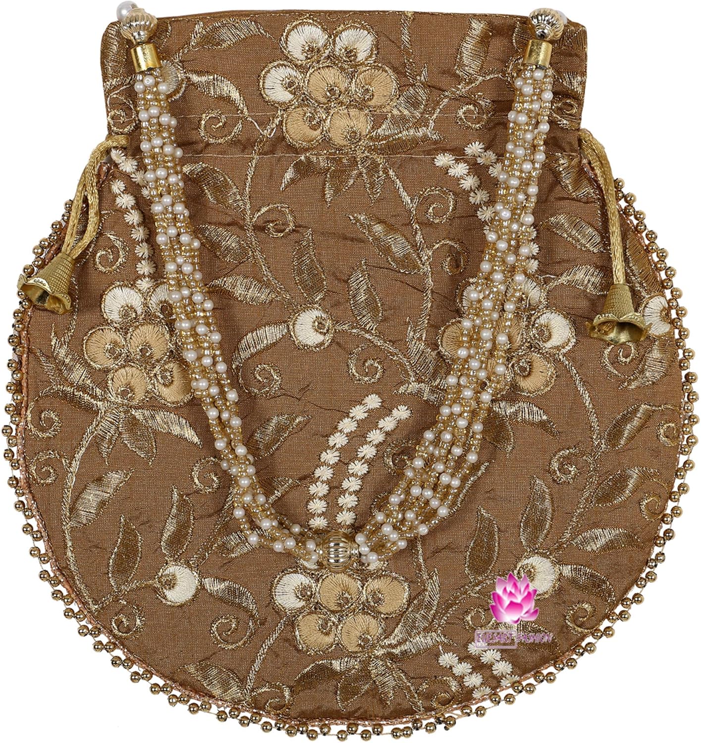 Potli Bag for Women Ethnic Gold, Pearl Handle Floral Accents, Drawstring Closure Pearls Handle Batwa Clutch Purse - Image 4