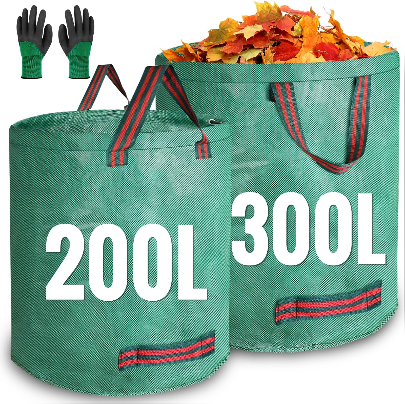 Garden Waste Bags Heavy Duty 200 300 Litre 2 Pack, Reusable Garden Sacks with 1 Pair of Gardening Work Gloves, Tools Bags for Garden Waste Plant Waste Grass Leaves (200L*300L)