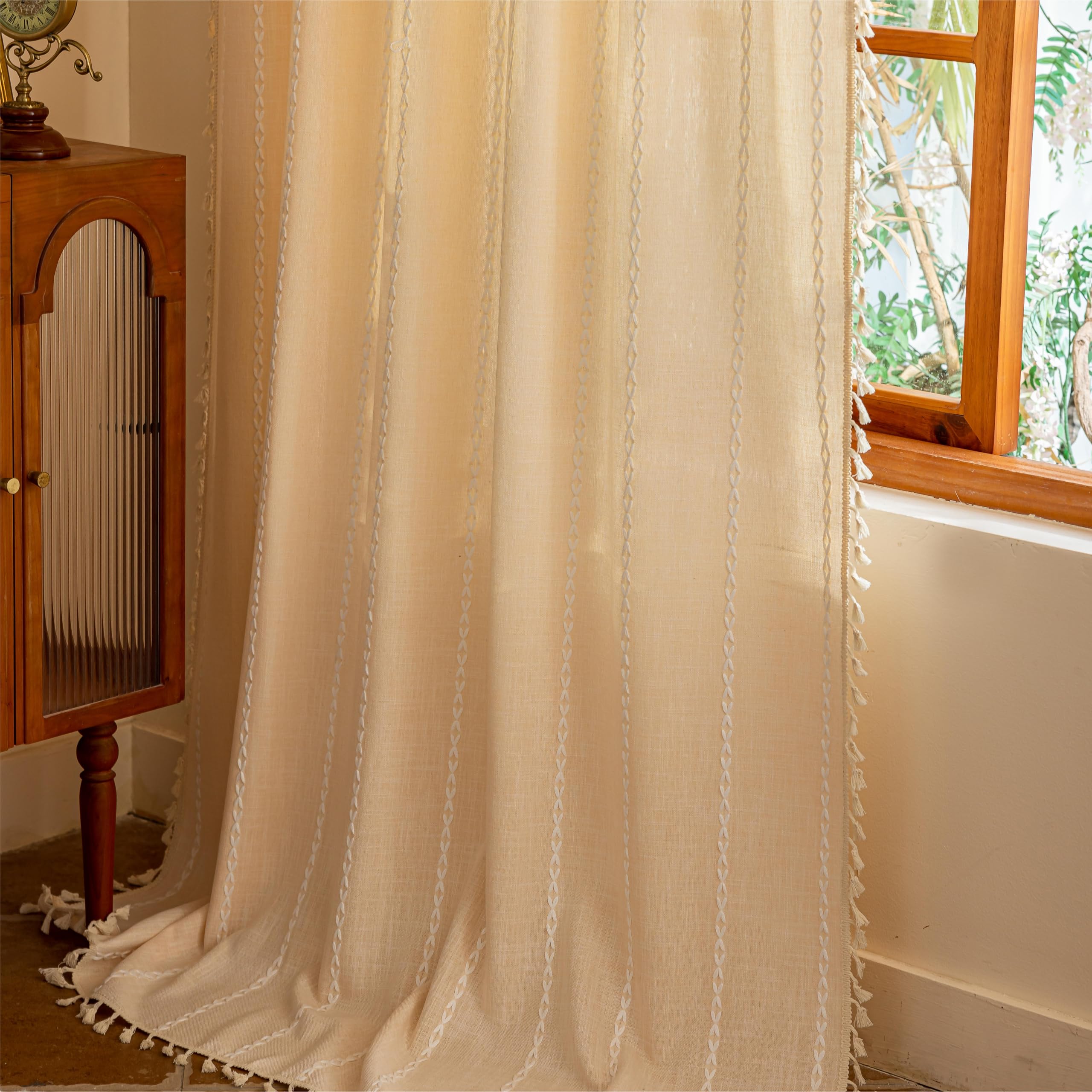 Sutuo Home Champagne Boho Curtains for Bedroom Living Room,Light filtering Linen Farmhouse Vintage Shabby Chic with Tassels Window Treatment Bohemian