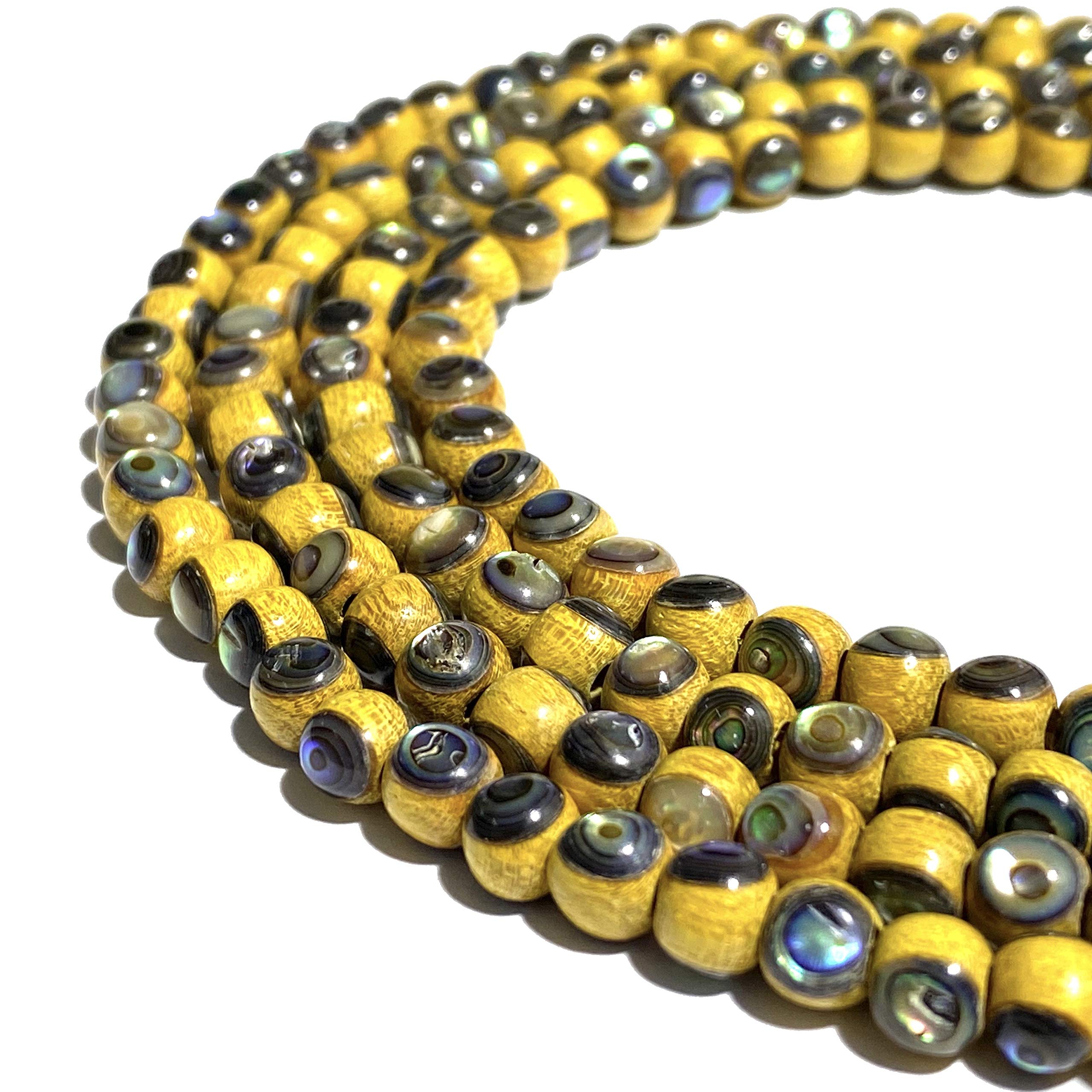 ABCGEMS Rainforest Jackfruit Nangka Wood Beads with New Zealand Abalone Shell - Front & Back Inlay (Each Bead is a Testament to Labor Intensive Artistry) Smooth Round 9mm (8 Inches, 22-23 Beads)