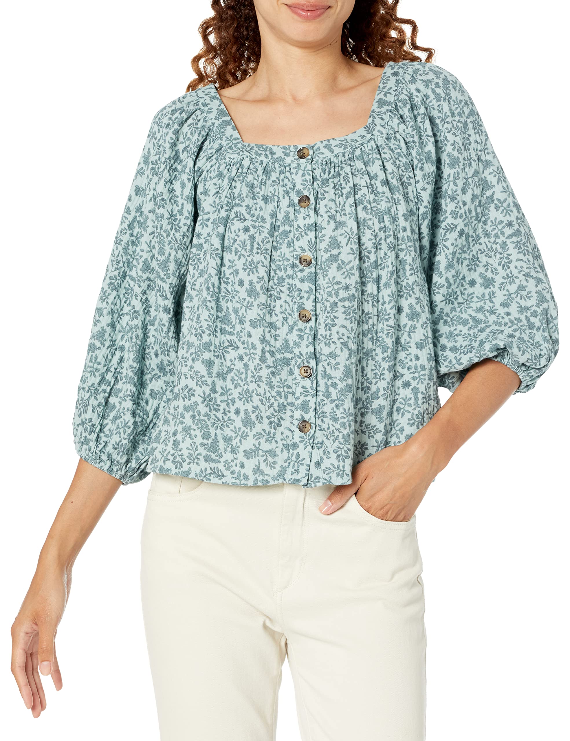 Unionbay Women's Floral Print Square Neck Crinkle Gauze Top, Alpine Air, Small
