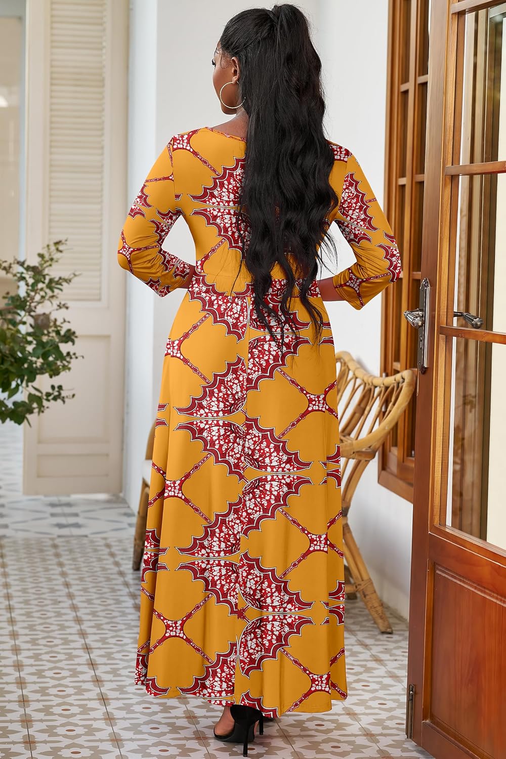 FANDEE Women's Dresses Church Loose Fit V Neck Dress with 3/4 Sleeve and Belt Design Casual Long African Attire Dress - Image 4