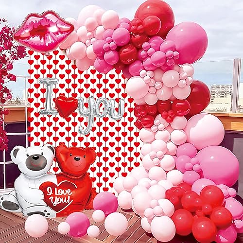 Kit de guirnalda de arco de globos para el día de San Valentín, globos rosados y rojos, globos de corazón, globo de oso, globo de amor para