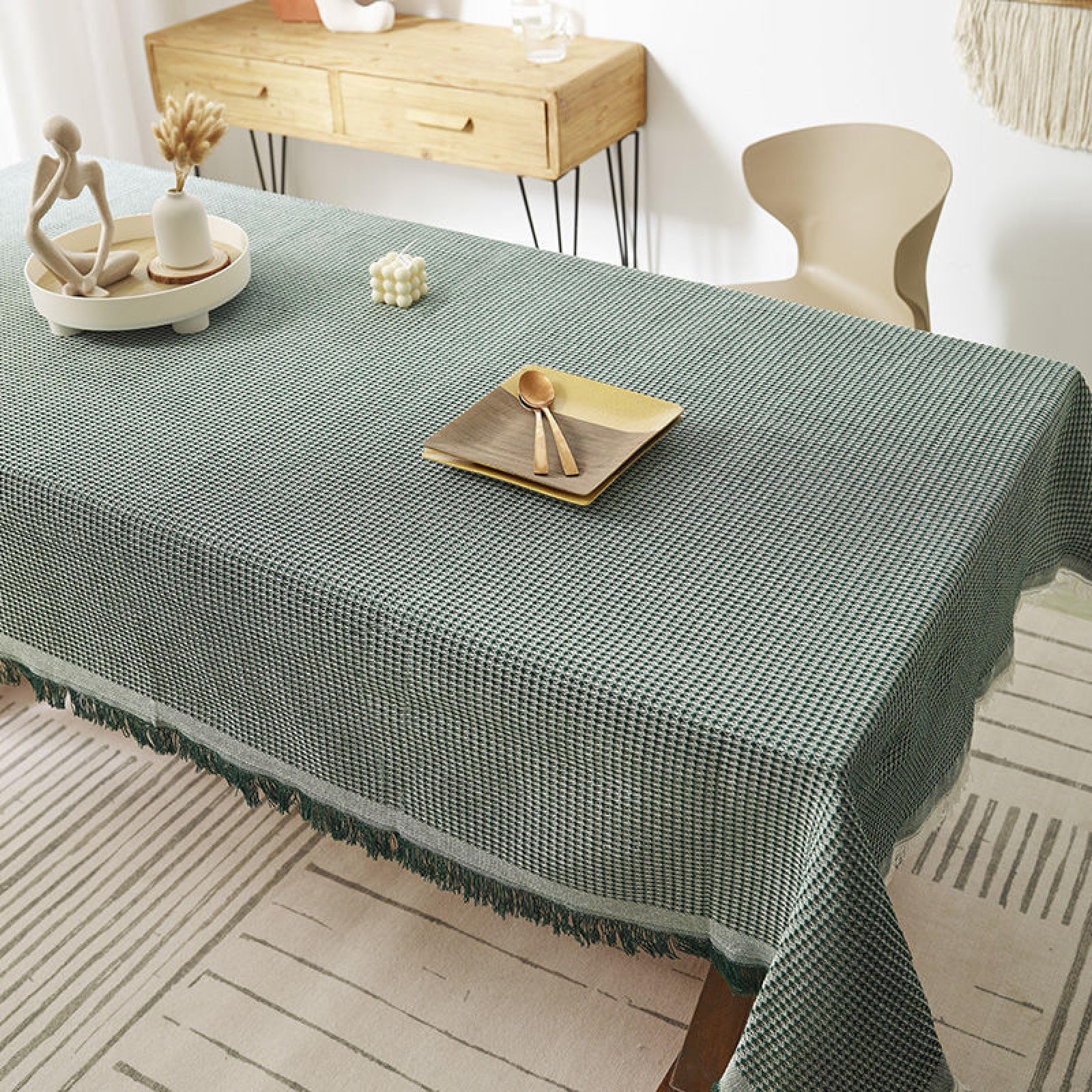 KLUOT Cotton Linen Table Cloth Tassel Oblong Tablecloth Shrink Proof Table Cover for Kitchen Dinning Picnic Tabletop Decoration 180x340cm