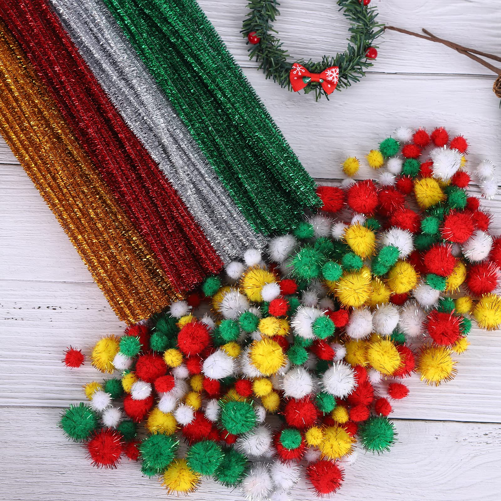 Pfeifenreiniger & Glitzer-Bommeln Bastelset - 100 Stück Pfeifenreiniger + 200 Pompons In 4 Farben