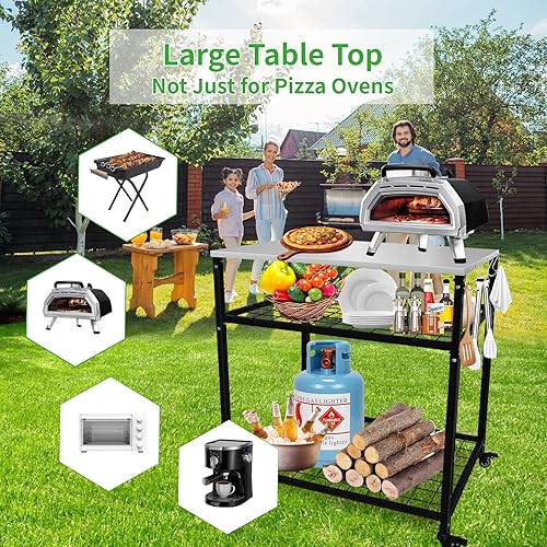 Miniatura 3 de Soporte para horno de pizza, mesa para parrilla al aire libre, carrito de mesa para horno de pizza con ruedas y ganchos, carrito de pizza de acero