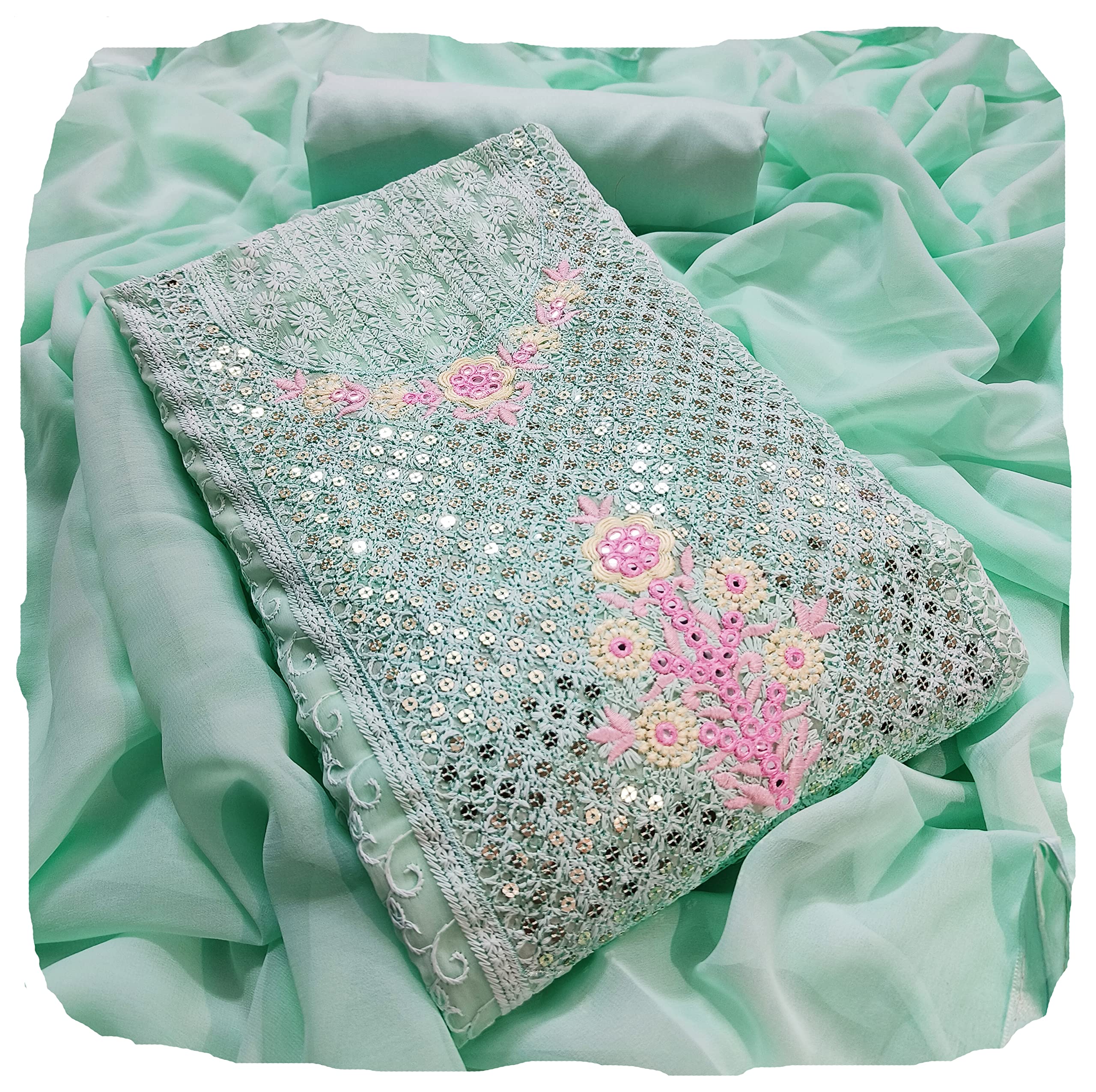 Women Georgette Unstitched Salwar Suit Dress Material, Thread And Sequence Embroidery On Lucknow Chikankari Work(Free Size)