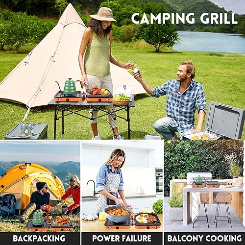 Miniatura 7 de GGC Estufa de camping de 2 quemadores, estufa de campamento plegable de 20,000 BTU, estufa de campamento portátil de propano con llama ajustable,