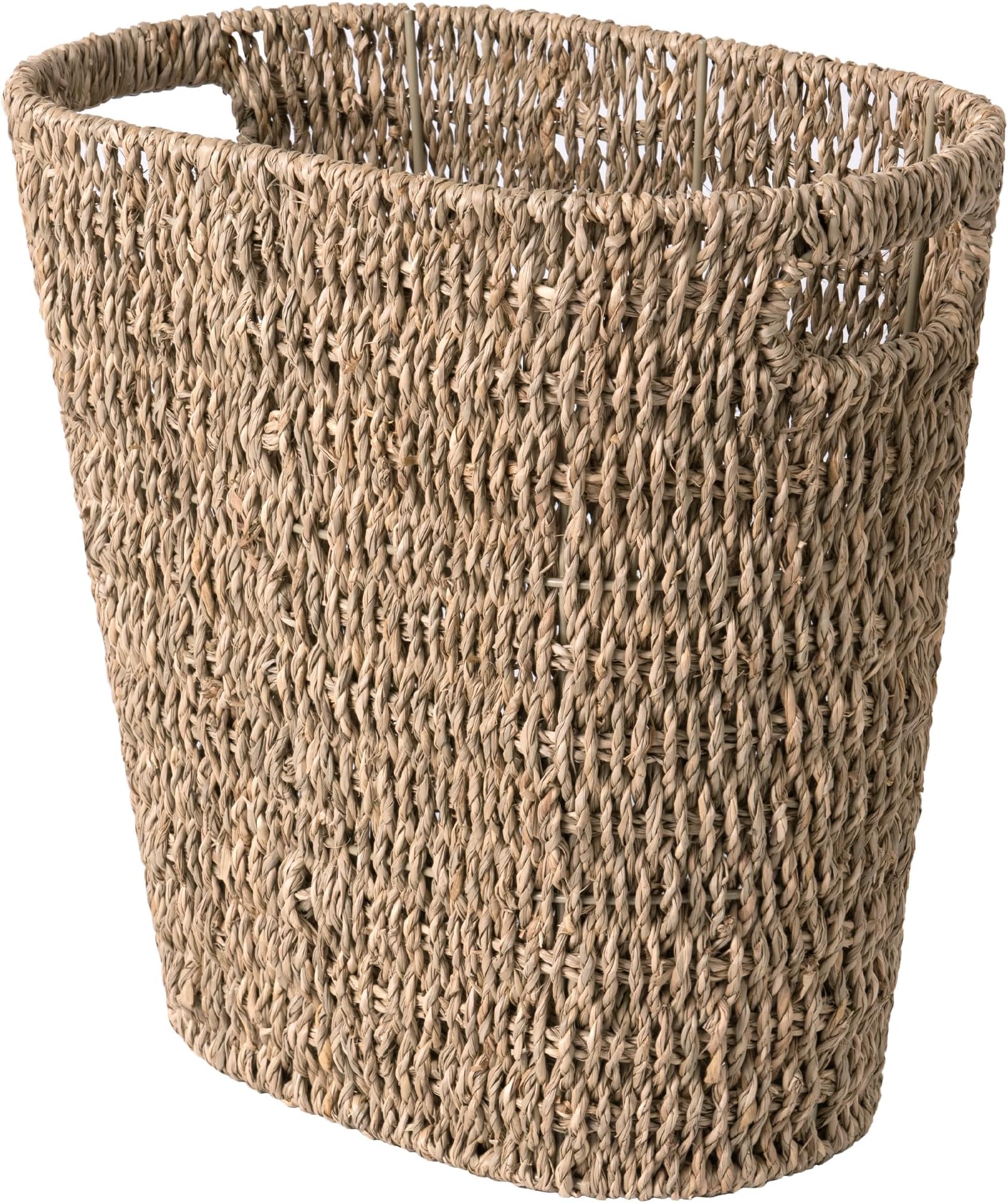 StorageWorks Wicker Waste Basket, Handwoven Seagrass Trash Can with Built-in Handles, Wicker Garbage Can for Bedroom, Bathroom, 1 Pack