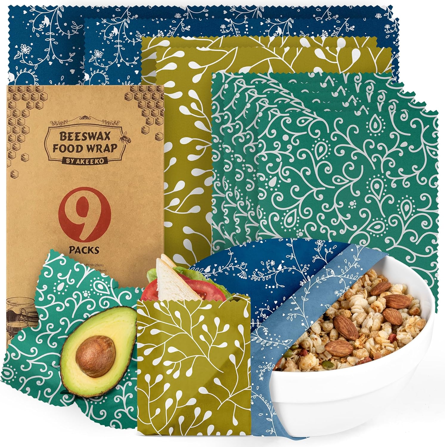 Akeeko Reusable Beeswax Food Wraps – Assorted 9 Packs, Reusable, Plastic-Free Food Storage, 5 Small, 2 Medium, 1 Large, 1 Extra Large Wraps with Abstract Curves Pattern