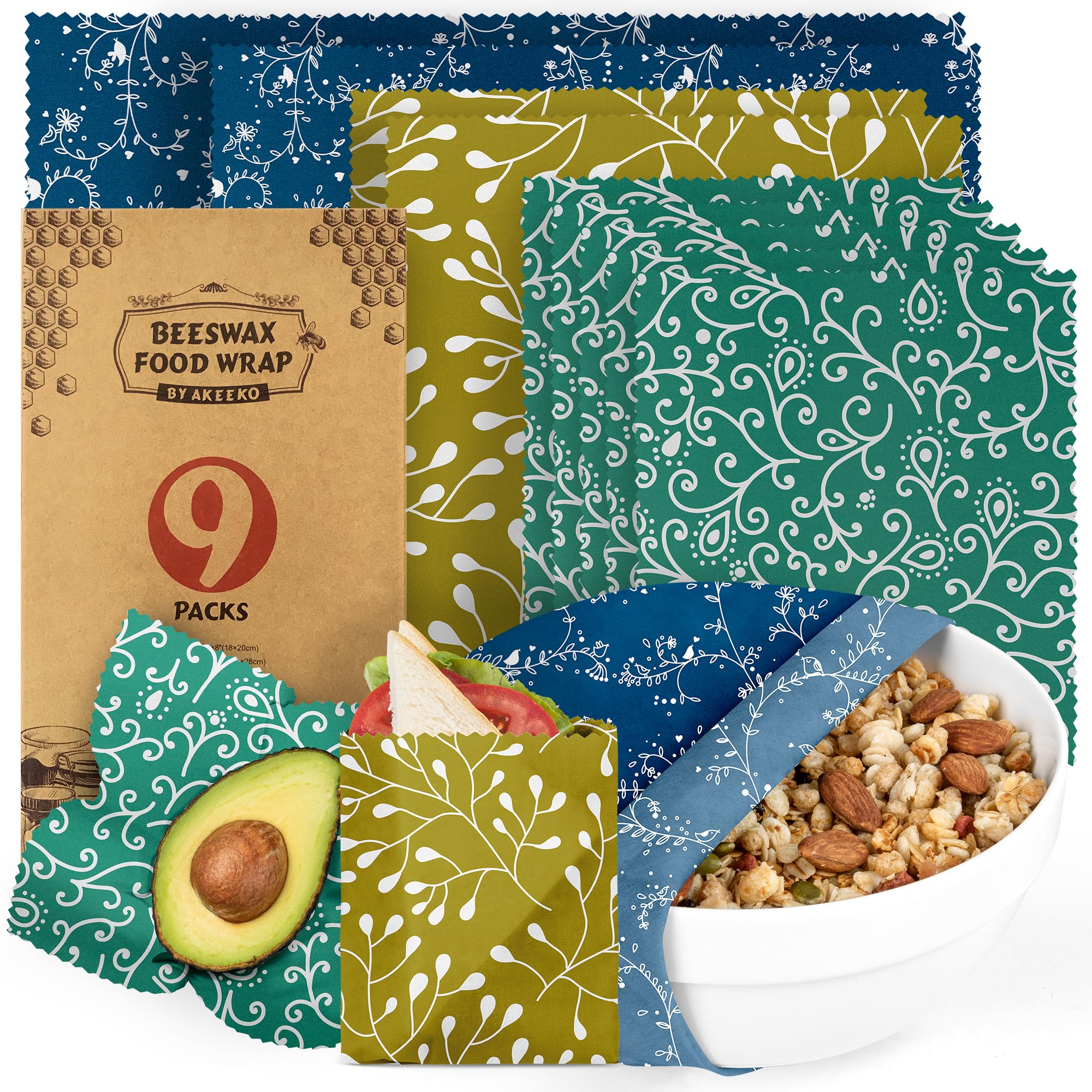 Akeeko Reusable Beeswax Food Wraps - Assorted 9 Packs, Reusable, Plastic-Free Food Storage, 5 Small, 2 Medium, 1 Large, 1 Extra Large Wraps with Abstract Curves Pattern