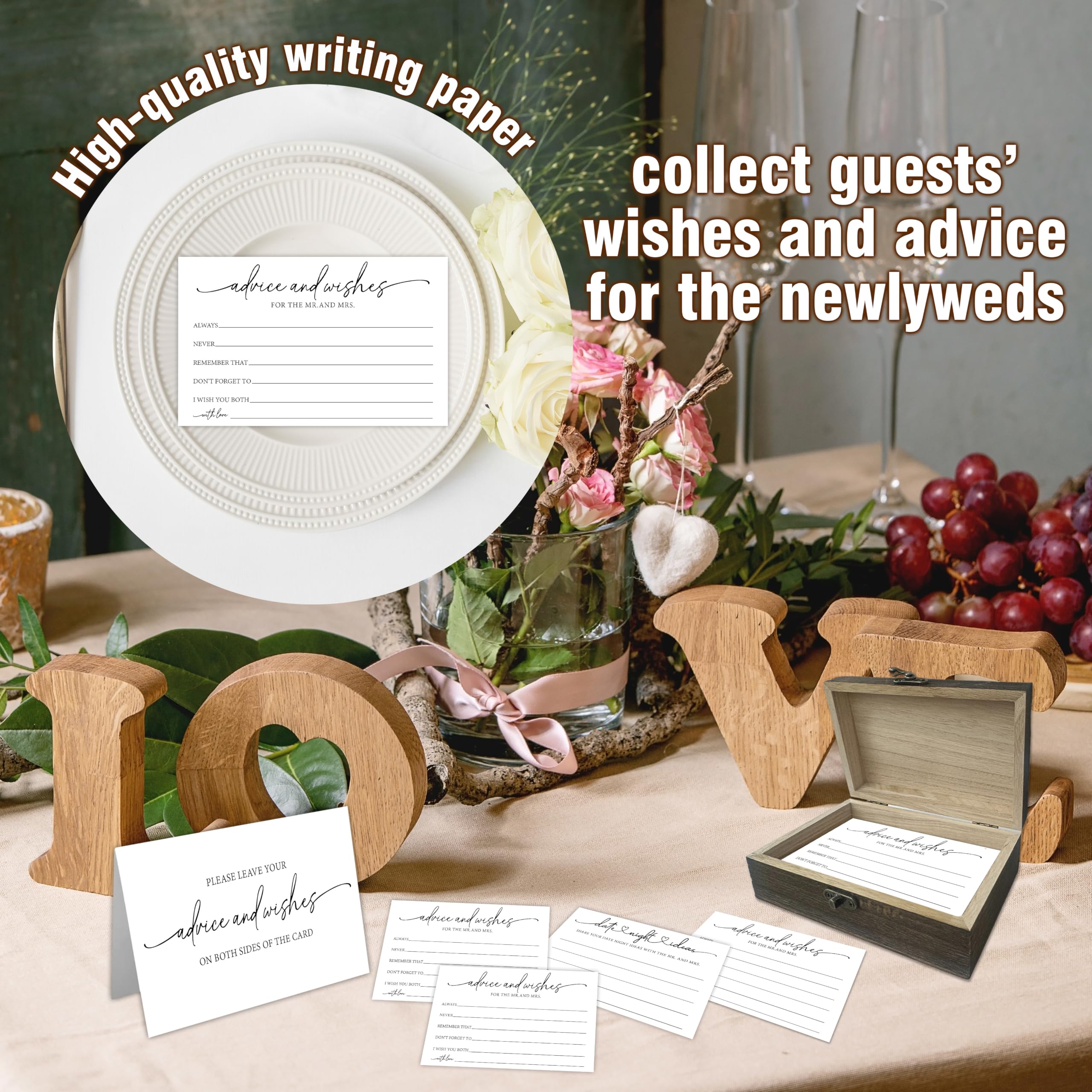 Lot de 50 cartes de conseils de mariage avec boîte de réception – Minimalisme double face Conseils et souhaits pour le Mr et Mme – Décoration de fête prénuptiale et souvenir pour les jeunes mariés