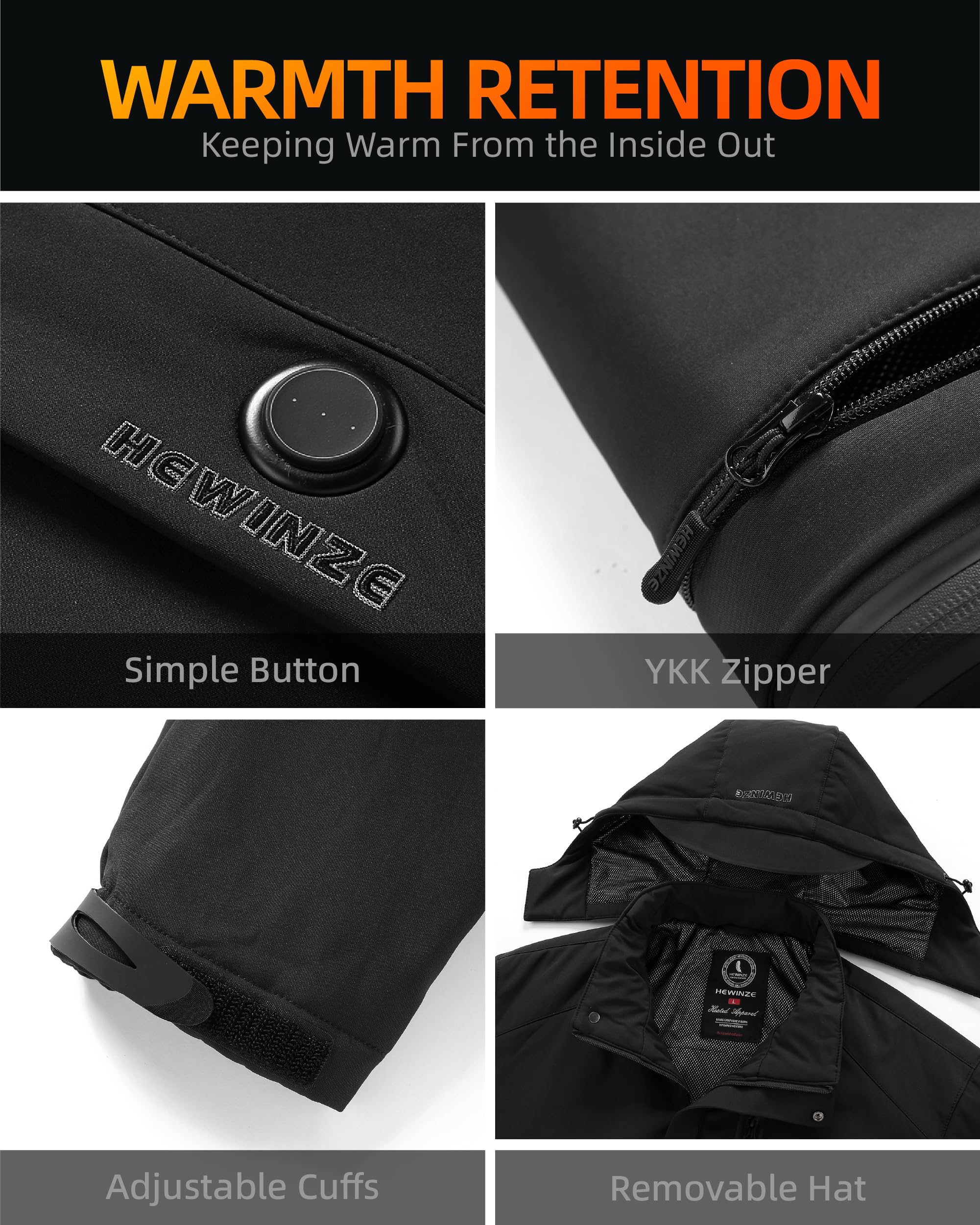 HEWINZE Chaqueta calefactable para hombre/mujer con capucha, softshell cálida chaqueta de invierno para hombre/mujer con batería de 7.4V, chaqueta de moto para exteriores