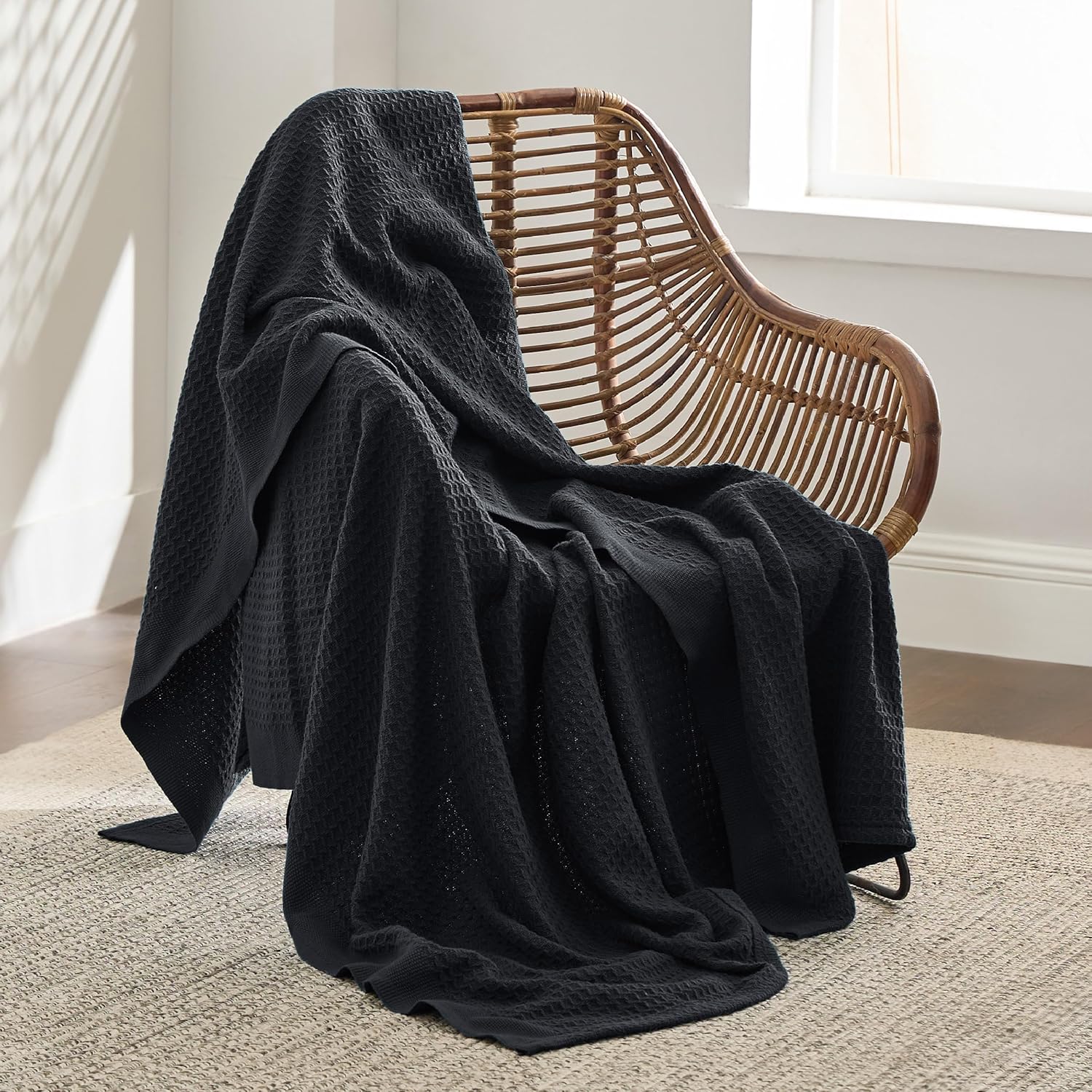 Bedsure Gentlesoft 100% Cotton Large Throw Blanket for Couch 50x70 inches - Breathable and Soft for Spring Summer, Waffle Weave Throw Blanket for Office, Black - Image 3