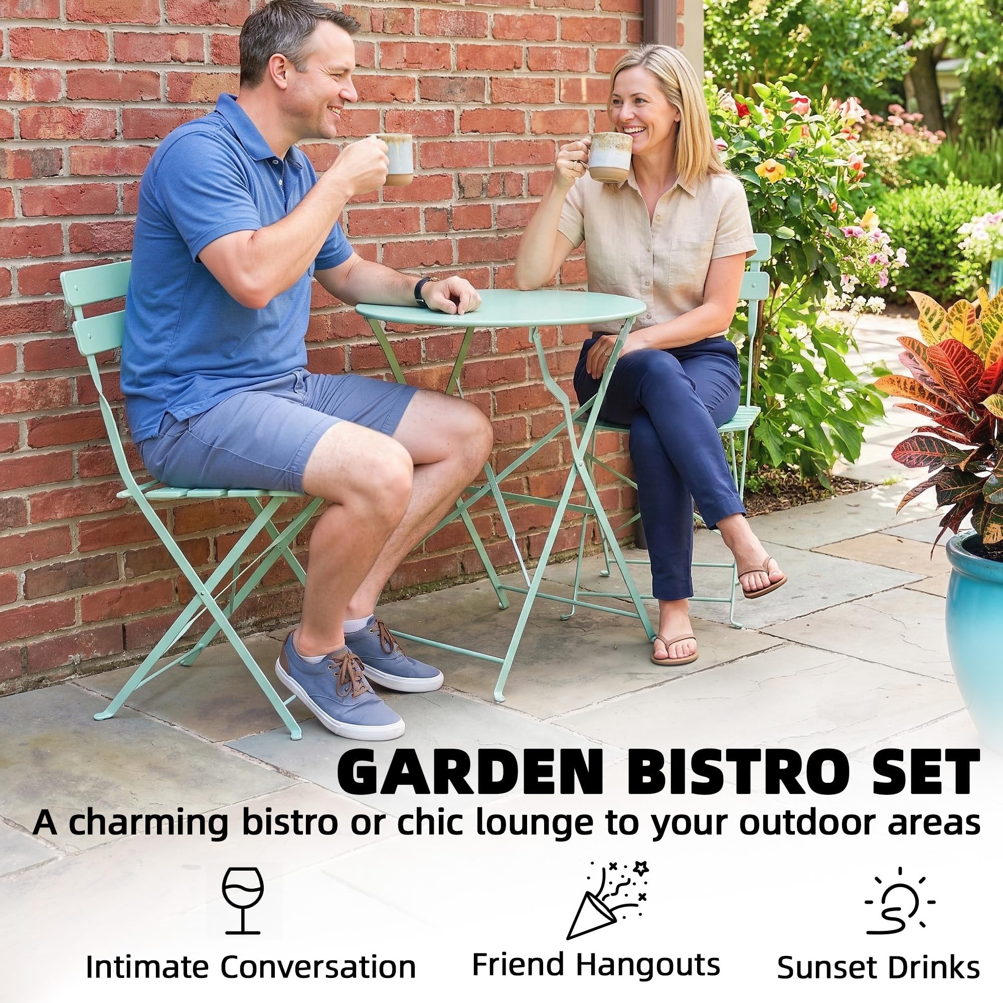 Outsunny 3 Piece Folding Bistro Set, Round Bistro Table and Chairs Set 2 with Electrophoresis Metal Frame, Small Outdoor Garden Furniture Conversation Sets for Patio, Balcony, Porch, Light Green - 5