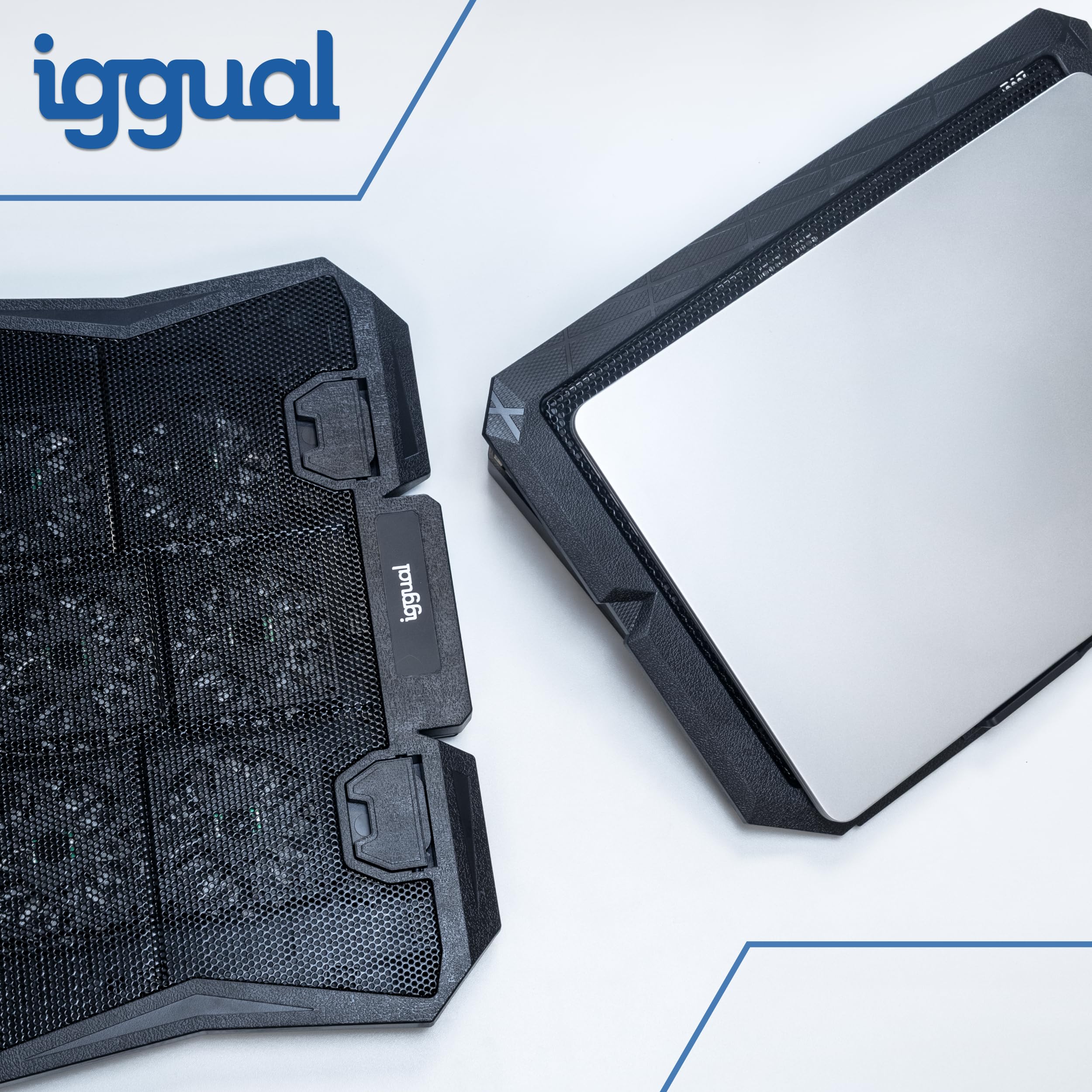 iggual – Base di Raffreddamento Portatile fino a 17” con 6 Ventole Silenziose e Supporto per Smartphone, Supporto Regolabile con 7 Angolazioni e Luce LED Blu, Include Cavo USB-A (RP6V17)