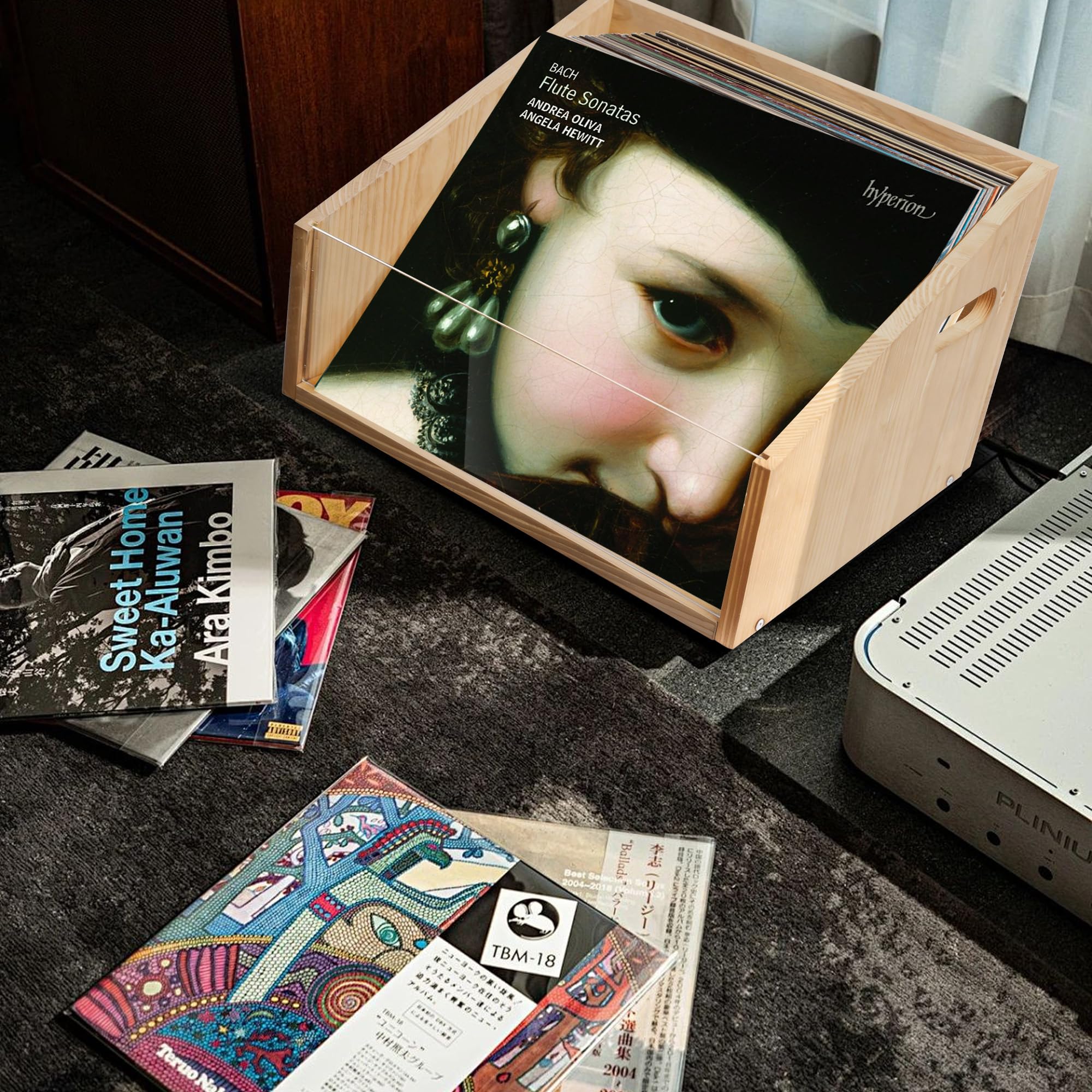 GRETJOB Cassetta per dischi in vinile, in legno e acrilico, può contenere oltre 70 dischi, libri, cartelle, per scrivania e casa e ufficio, con manico (colore legno naturale)