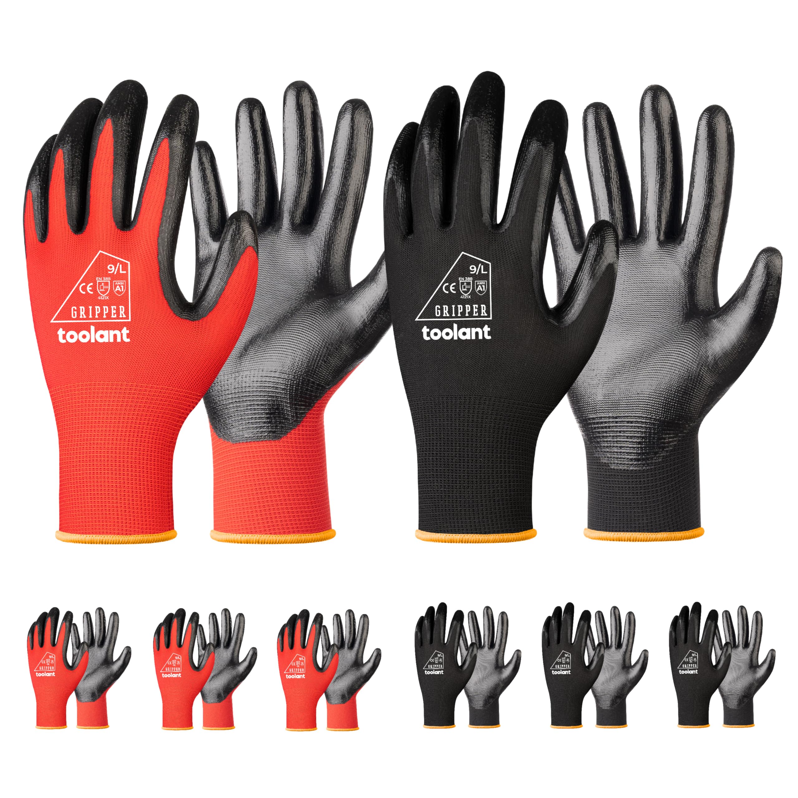 toolant Nitrile Coating Work Gloves for Men, Superior Oil Resistance, 6 Pairs Bulk Safety Work Gloves with Grip, Touch Screen, for Automobile Repair, Gardening, Warehouse (Red & Black, L)
