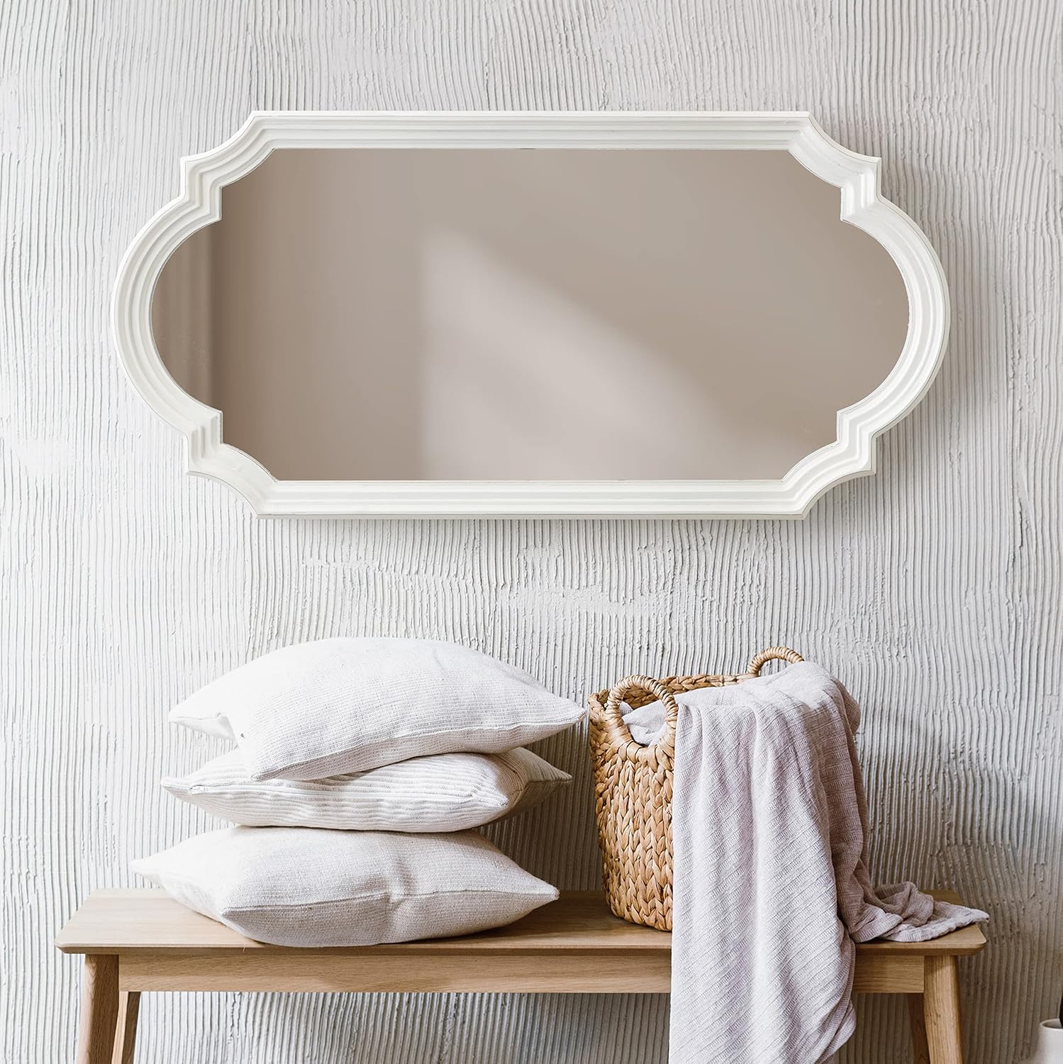 Kate and Laurel Fairbourne Farmhouse Scalloped Panel Wall Mirror; 20 x 42; Distressed White; Traditional Tall Decorative Mirror with Elegant Scalloped Edge for Sleek Coastal Home Decor