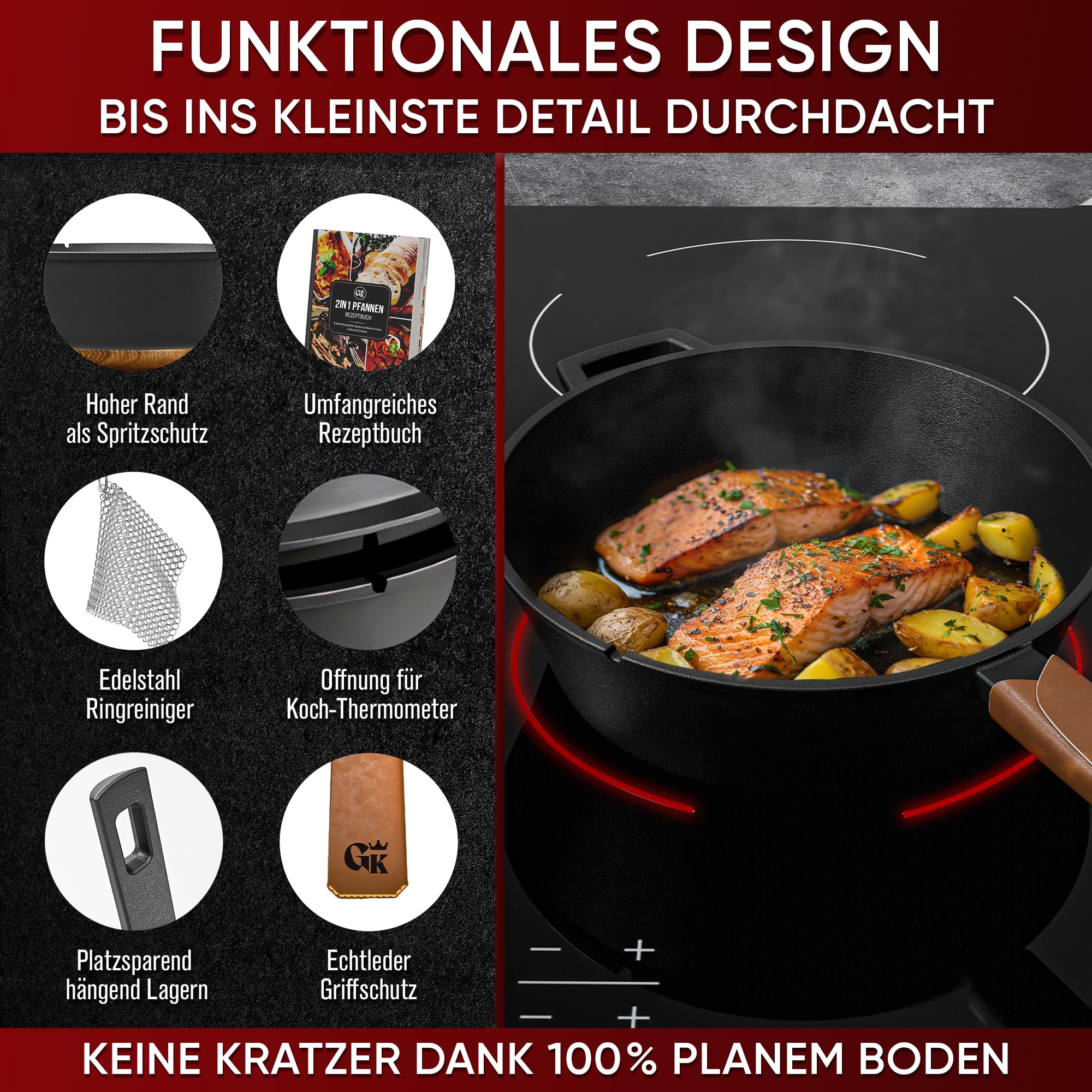 GUSSKÖNIG Dutch Oven - 2 in 1 Eingebrannter Gusseisen Topf 3L & Gusspfanne 1,5L - Cast Iron Pot mit Schmortopf Doppelfunktion - inkl. Kochbuch & Zubehör für BBQ, Camping & Küche - 30 Jahre Garantie