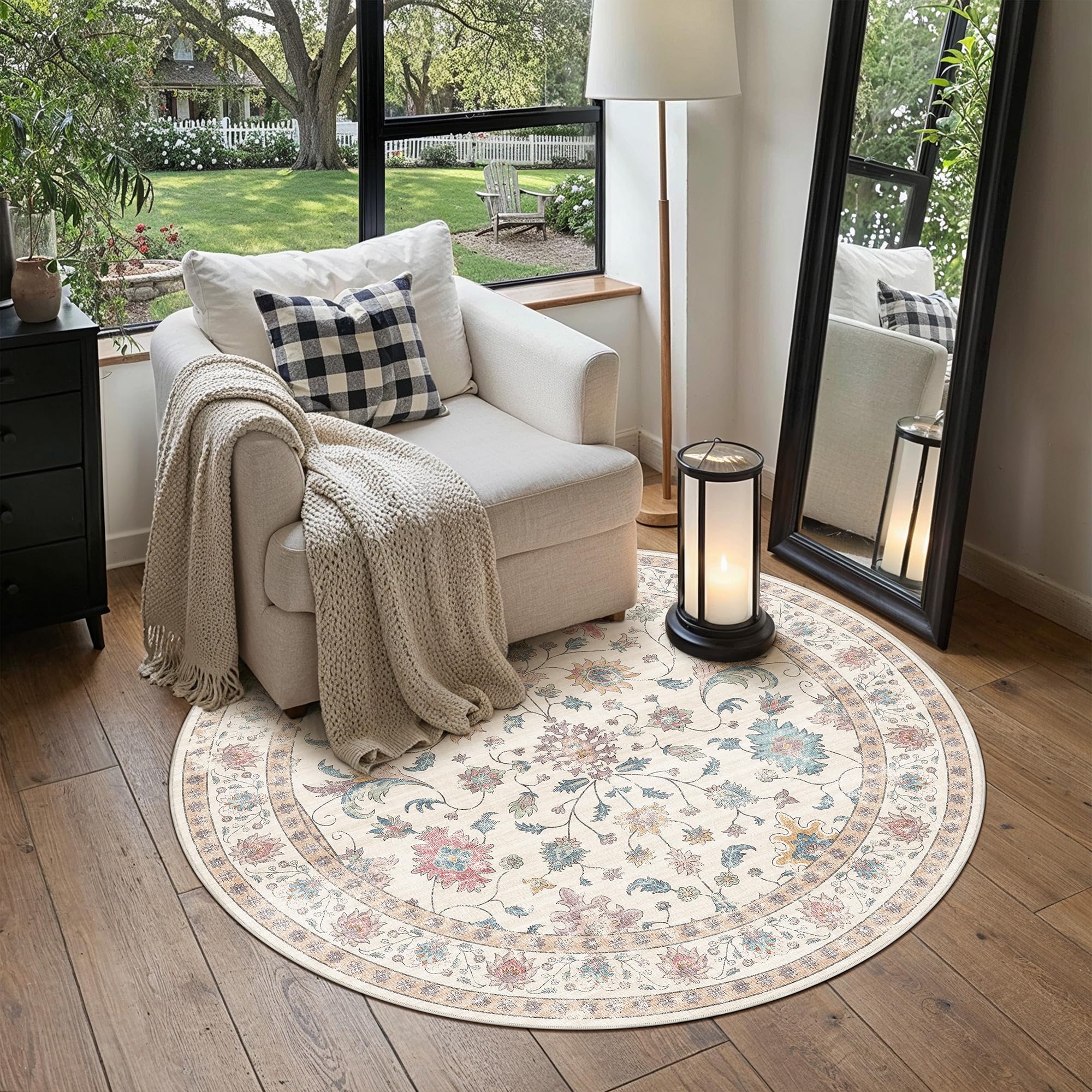 hugear round rug 5ft entryway rugs machine washable colorful hallway area rug 5x5 small circle accent rug floral low pile carpet soft vacuumable throw rug living room office laundry entrance non slip