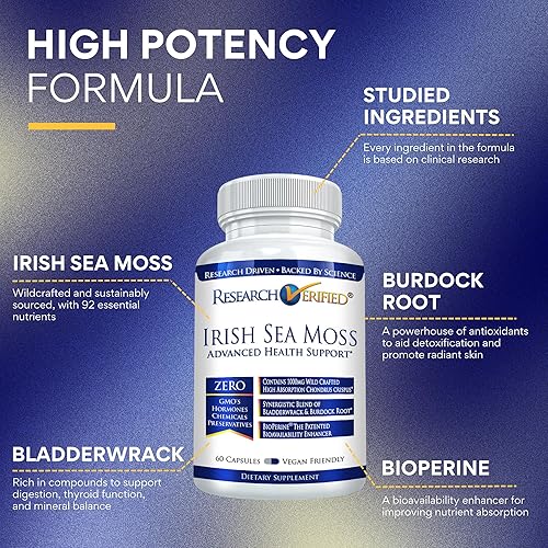 Miniatura 2 de Research Verified Musgo marino irlandés - Bladderwrack, bardana, bioperine, rico en prebióticos, aumenta la inmunidad, ayuda a la digestión,