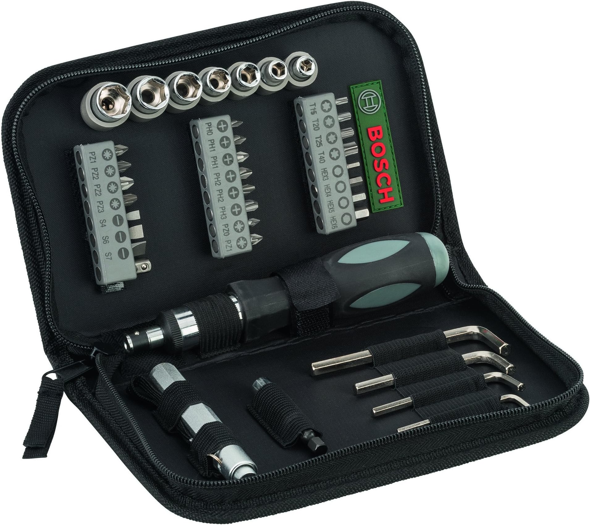 Bosch 38-piece Mixed Screwdriver Set, Cobalt Steel, Compact & Portable, Universal Compatibility, 23 Screwdriver Bits, 7 Nutsetters, Universal Holder, Hex Keys, Ratcheting Driver & Torch