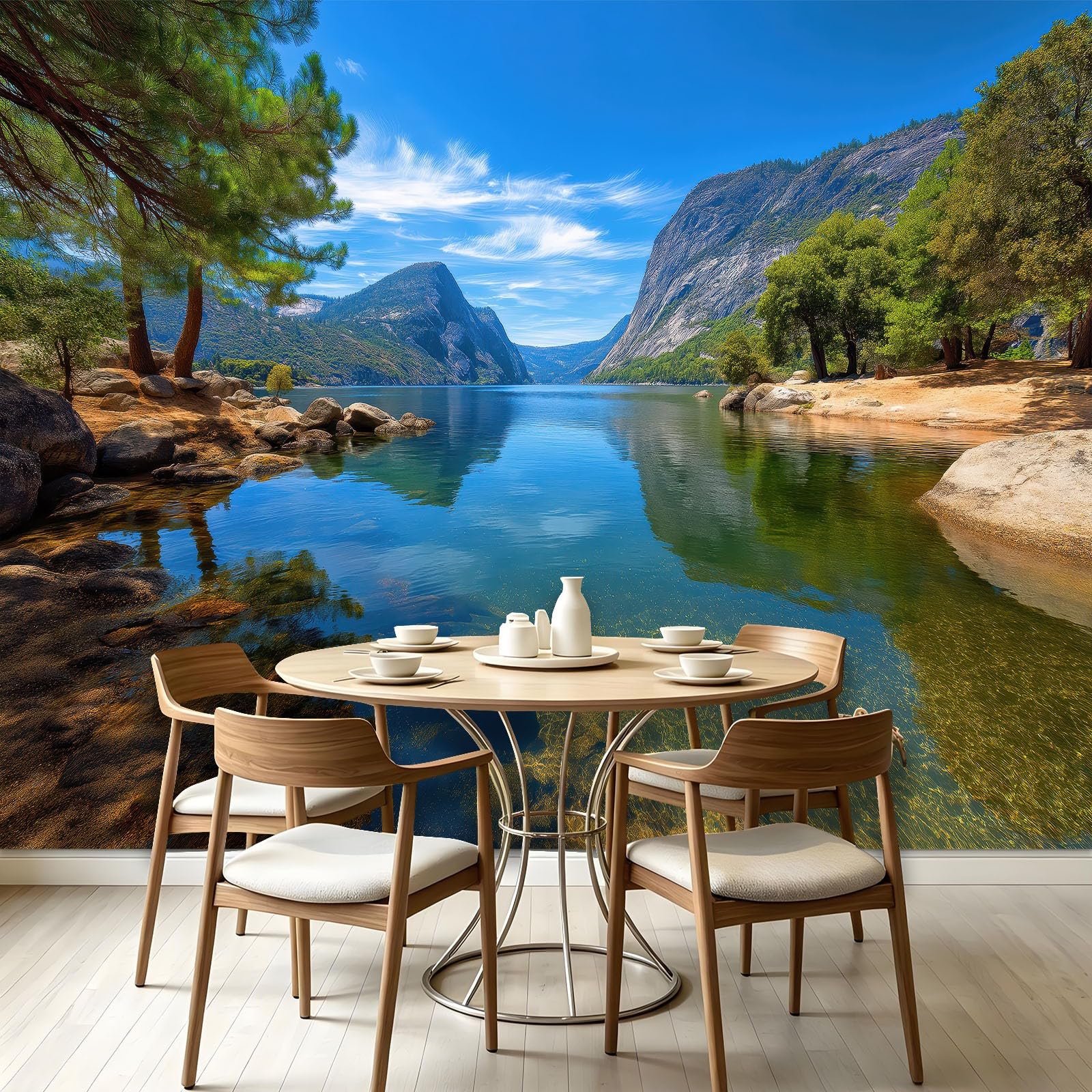 Papel pintado decorativo mural – Fotografía de naturaleza Eau de Lac Montañas – 400 x 280 cm grande – Mural Intejido – Póster mural Aesthetic Wall – Oficina Sala de Reuniones Sala