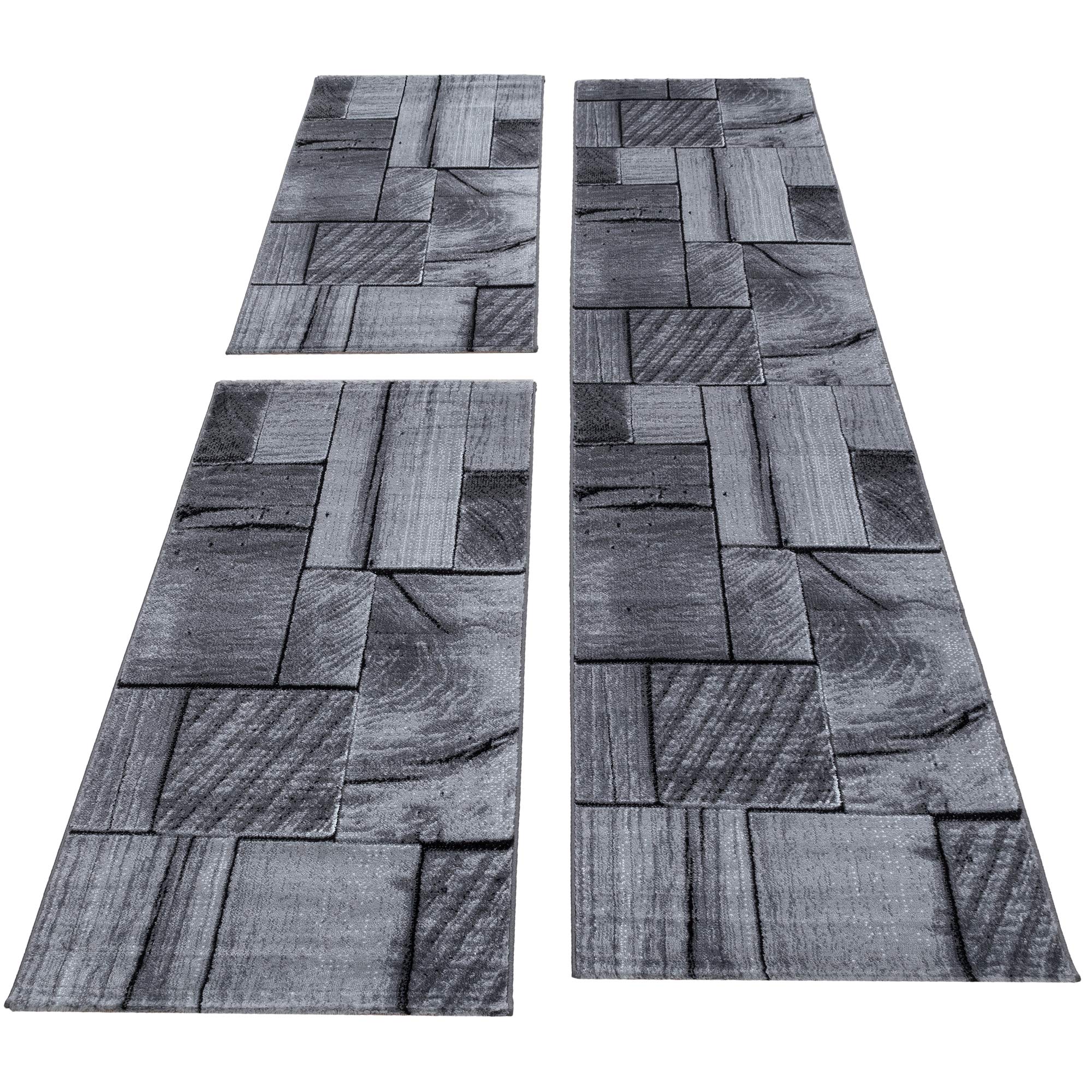 Carpettex Bettumrandung Schlafzimmer 3teilig Kurzflor Teppich Dielen Optik Schwarz Grau Bettset:2 mal 80x150 cm + 1 mal 80x300 cm - Bettvorleger Schlafzimmer Läufer Set Weicher Bettumrandung Teppich