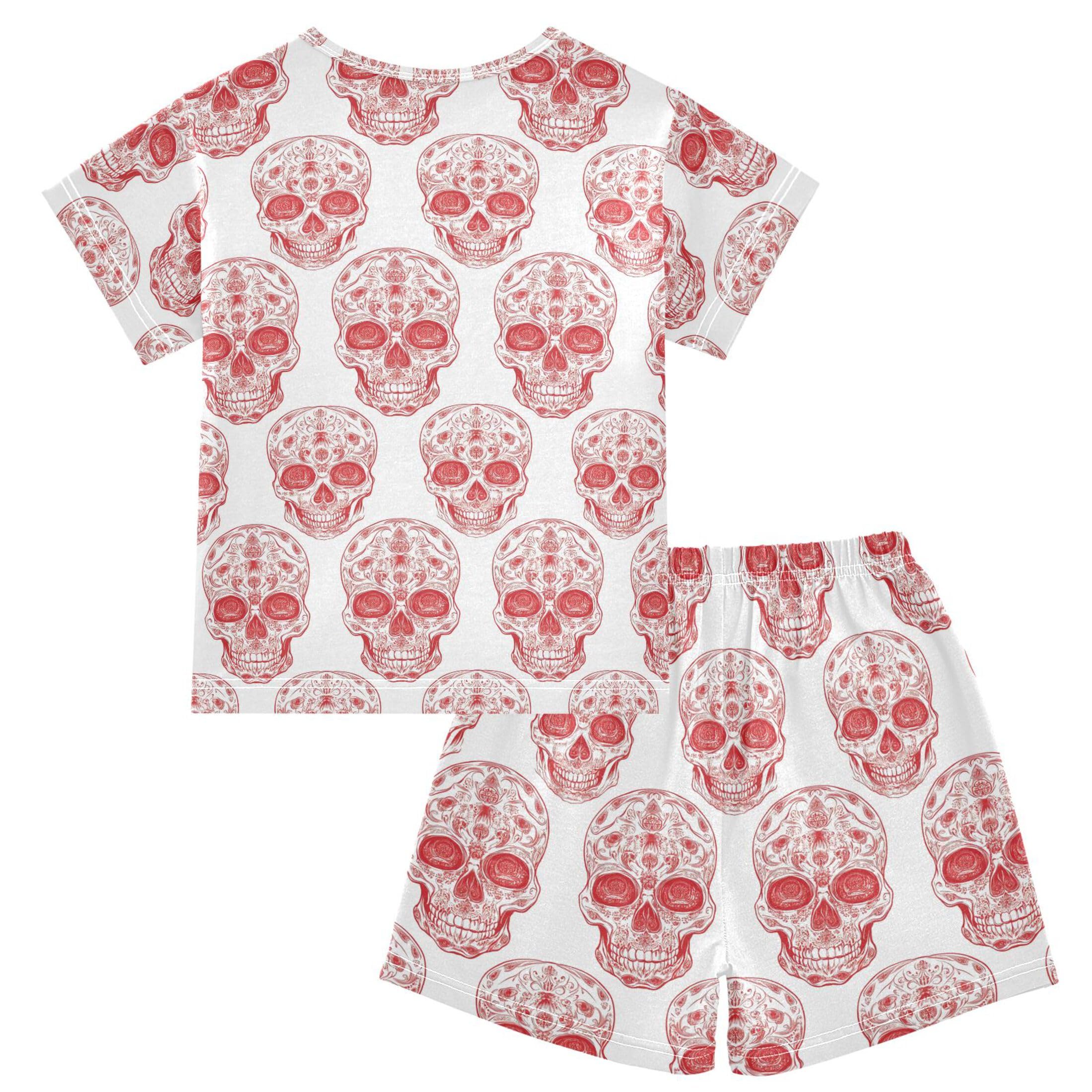UMIRIKO Red Skull Summer Short Sleeve Pajamas Sleepwear PJ Set B0404377