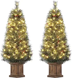 GAOMON 4.5ft Christmas Tree 2 Set with 100 Warm White Led Lights, Pre-Lit Snow Flocked Christmas Tree with Vintage Potted Base, Holiday Xmas Tree with Red Berries, Decoration for Home, Entrances