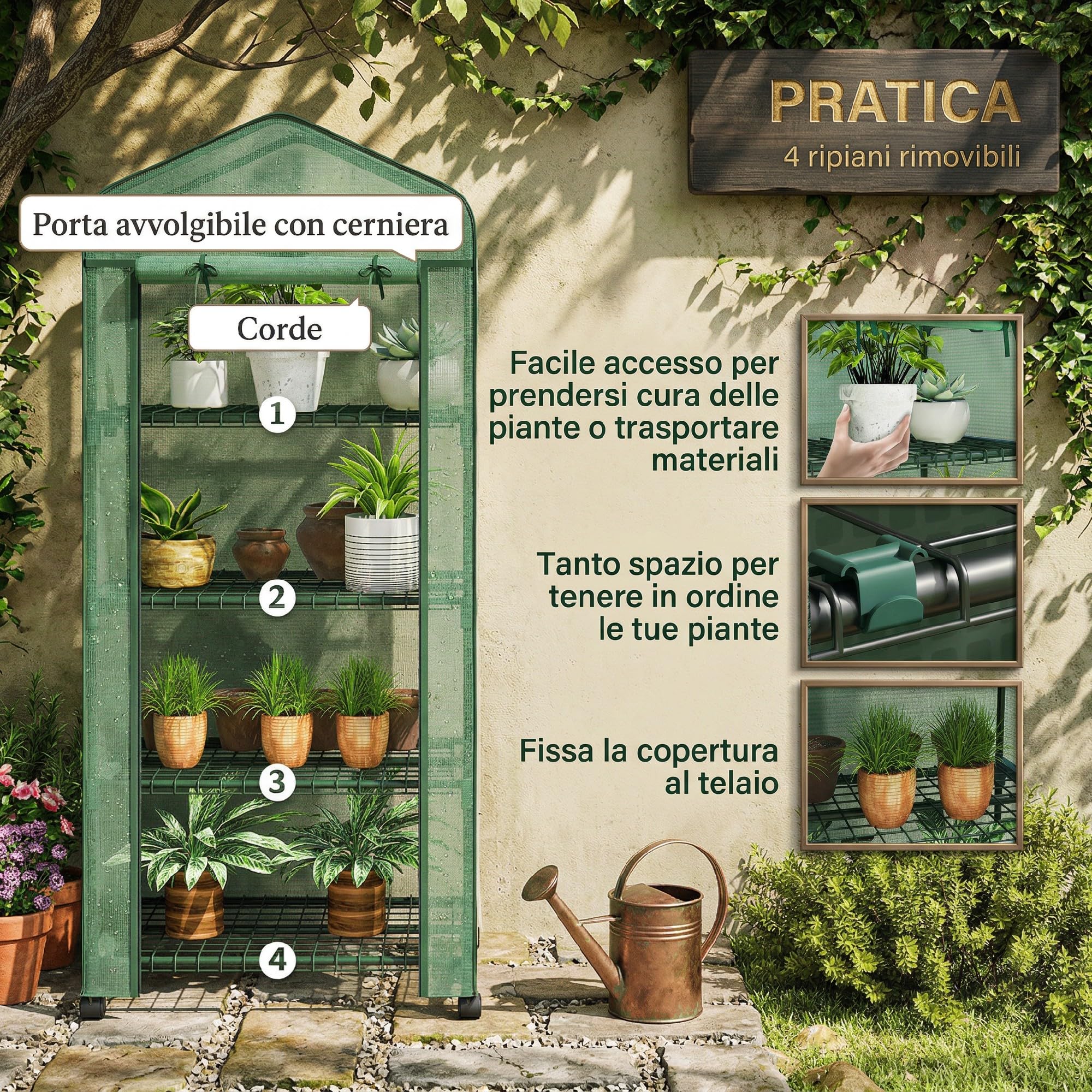 Outsunny Serra da Balcone a 4 Livelli con Porta Avvolgibile e 4 Rotelle, Serra per Orto con Struttura in Acciaio e Copertura in PE per Orto, Verdure, Fiori e Frutta, 69x50x165 cm Verde