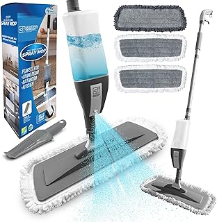 Microfibre Floor Spray Mop Dry Wet Mop Kitchen Floor Cleaning Mop 360° Swivel Head Suitable for Cleaning Tile Laminate Hardwood Ceramic with 3 Replacement Pads, 600ML Refillable Bottle & 1 Scraper
