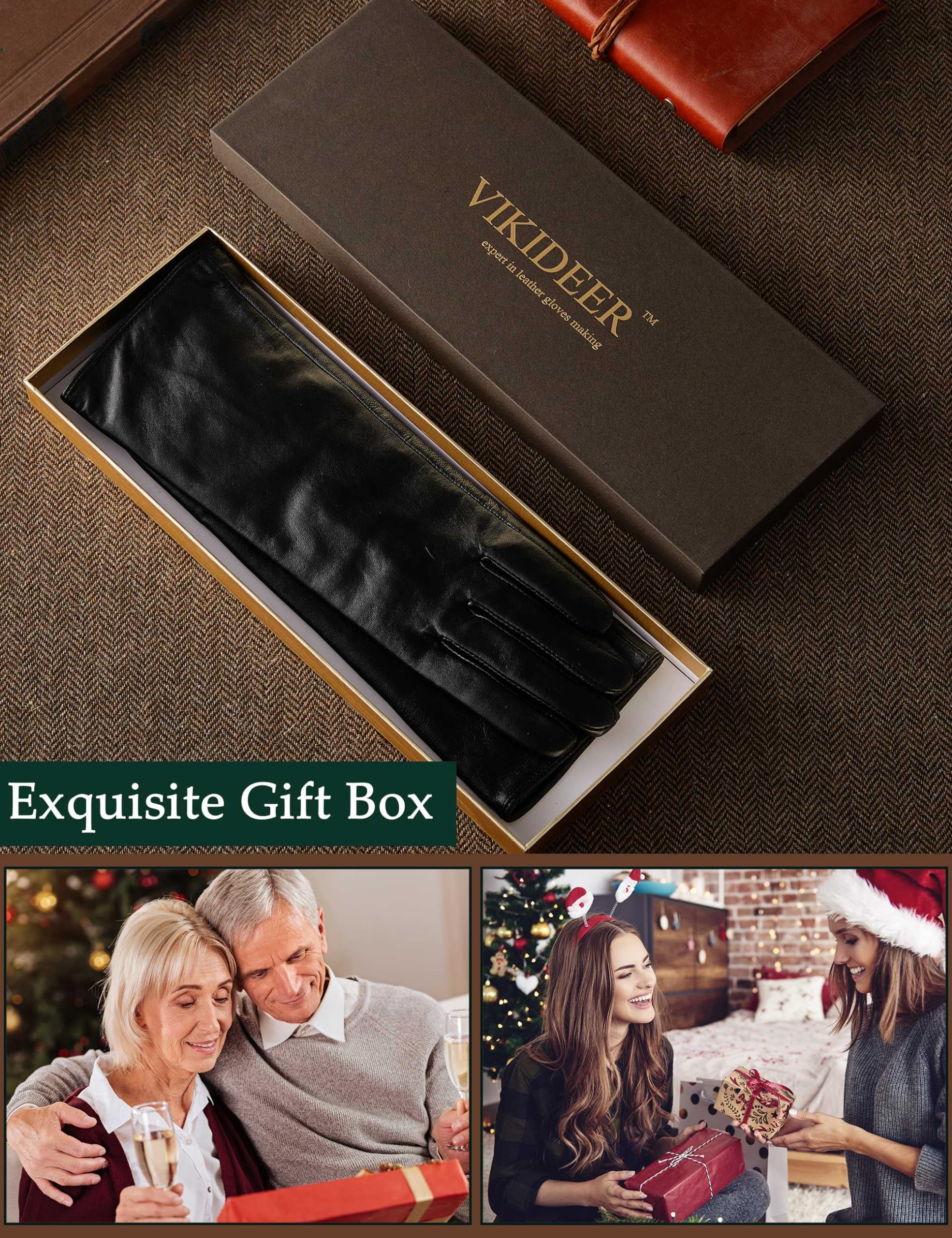 VIKIDEER Luxuriöse lange Lederhandschuhe für Damen, Plüschfutter, Touchscreen, warm, weich, für Abendoper oder den Alltag
