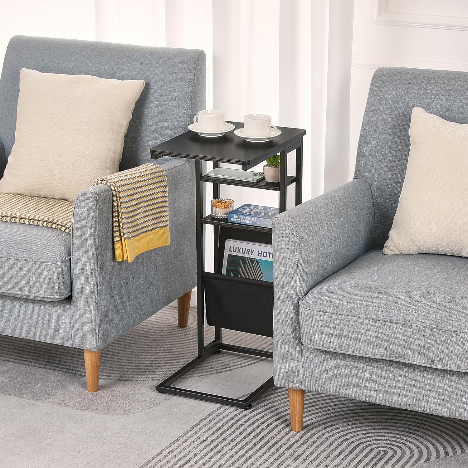 C Shaped End Table 28"(H) 3-Tier C Table with Storage Bag, Under Couch Table C-Shaped End Table with Storage Shelves and Bag for Living Room, Bedroom, or Office