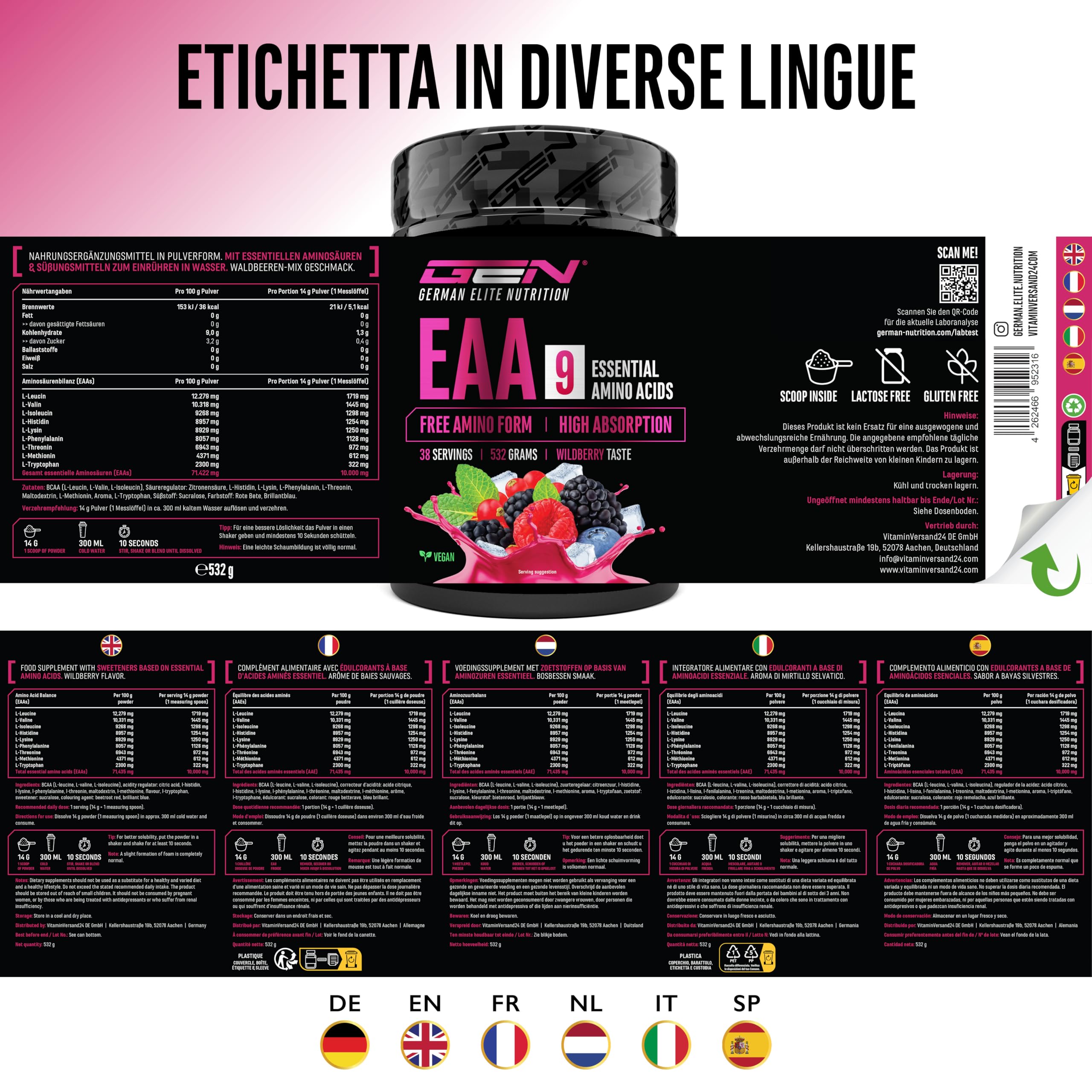 Polvere EAA 532 g (38 porzioni) - Tutti i 9 aminoacidi essenziali incl. istidina e BCAA - Formula Human Code - Vegano - Molto solubile - Bevanda di amminoacidi rinfrescante (Wildberry)