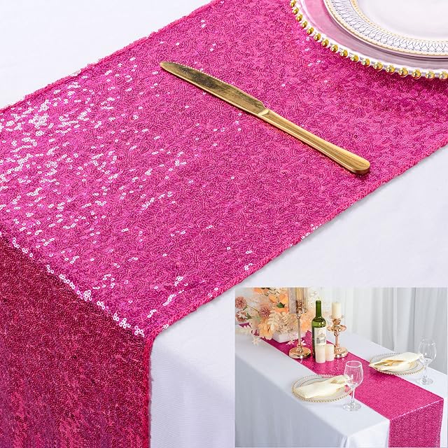ShinyBeauty Table Runner-Sequin Table Runner Hot Pink Wedding Table Runner 12"x72" Glitter Table Runners Fuchsia Home Decor Christmas Table Runner Party Supplies 2020(12x72-Inch, Fuchsia)
