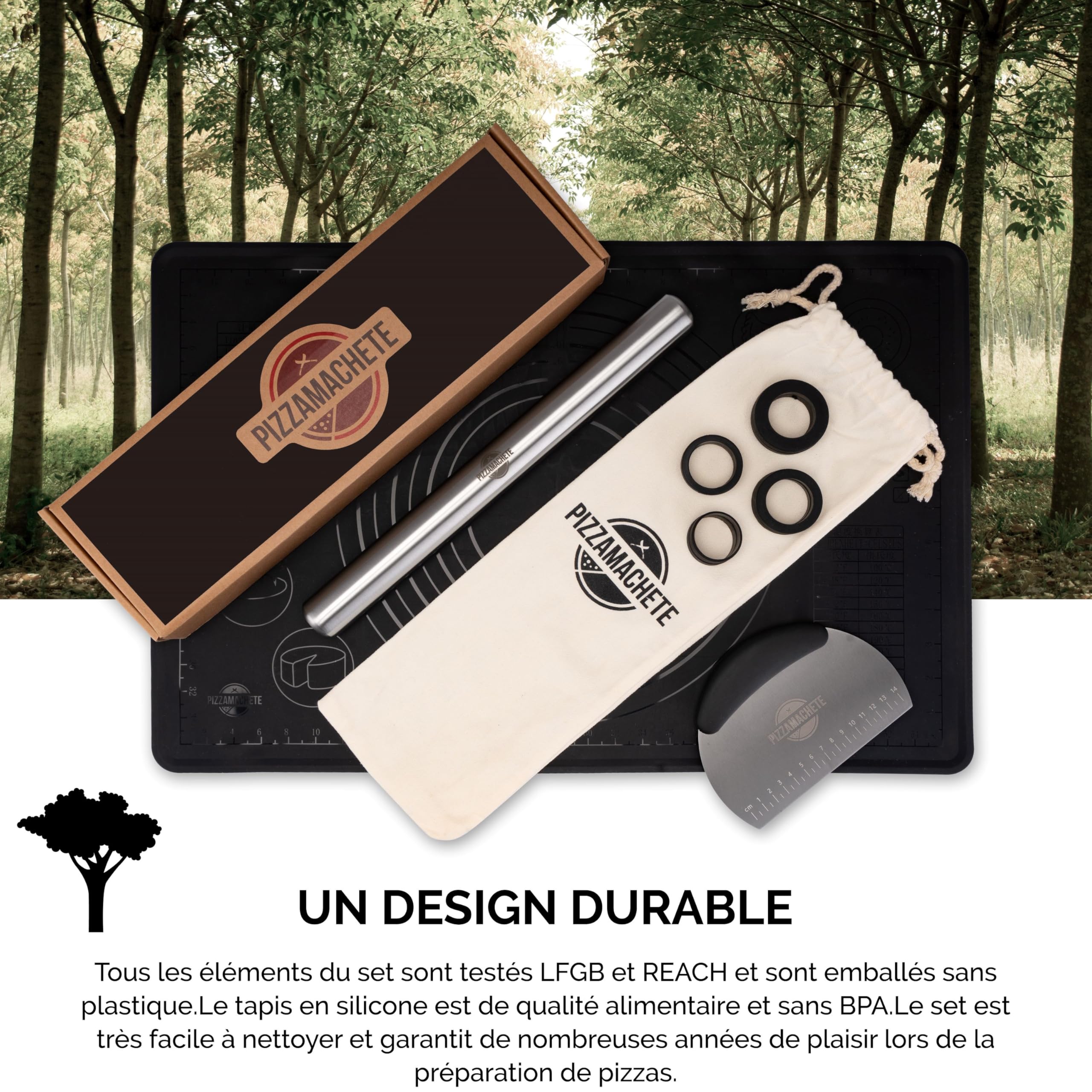 Kit Pizza Pro PIZZAMACHETE - Rouleau Acier Inox 35cm + Tapis Silicone 60x40cm + Spatule - Pour Pâtes Et Pizzas Maison