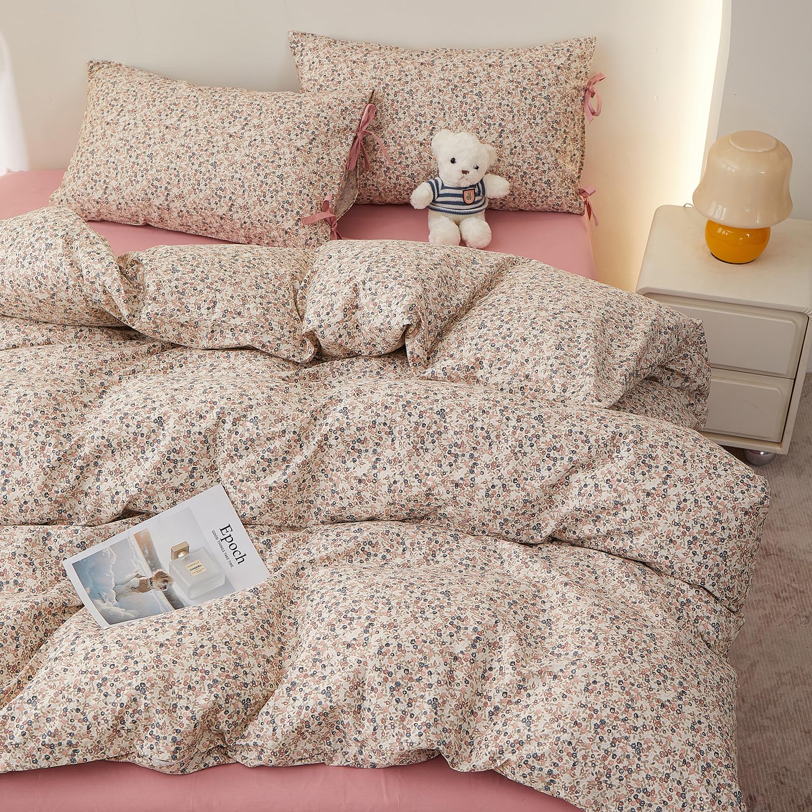 Pink Floral Comforter Set Full Size, Aesthetic Botanical Flowers Comforter with 2 Bow Ties Pillowcases, Lightweight Cute Girls Floral Bedding Comforter Vintage Cottagecore Comforter Set for All Season