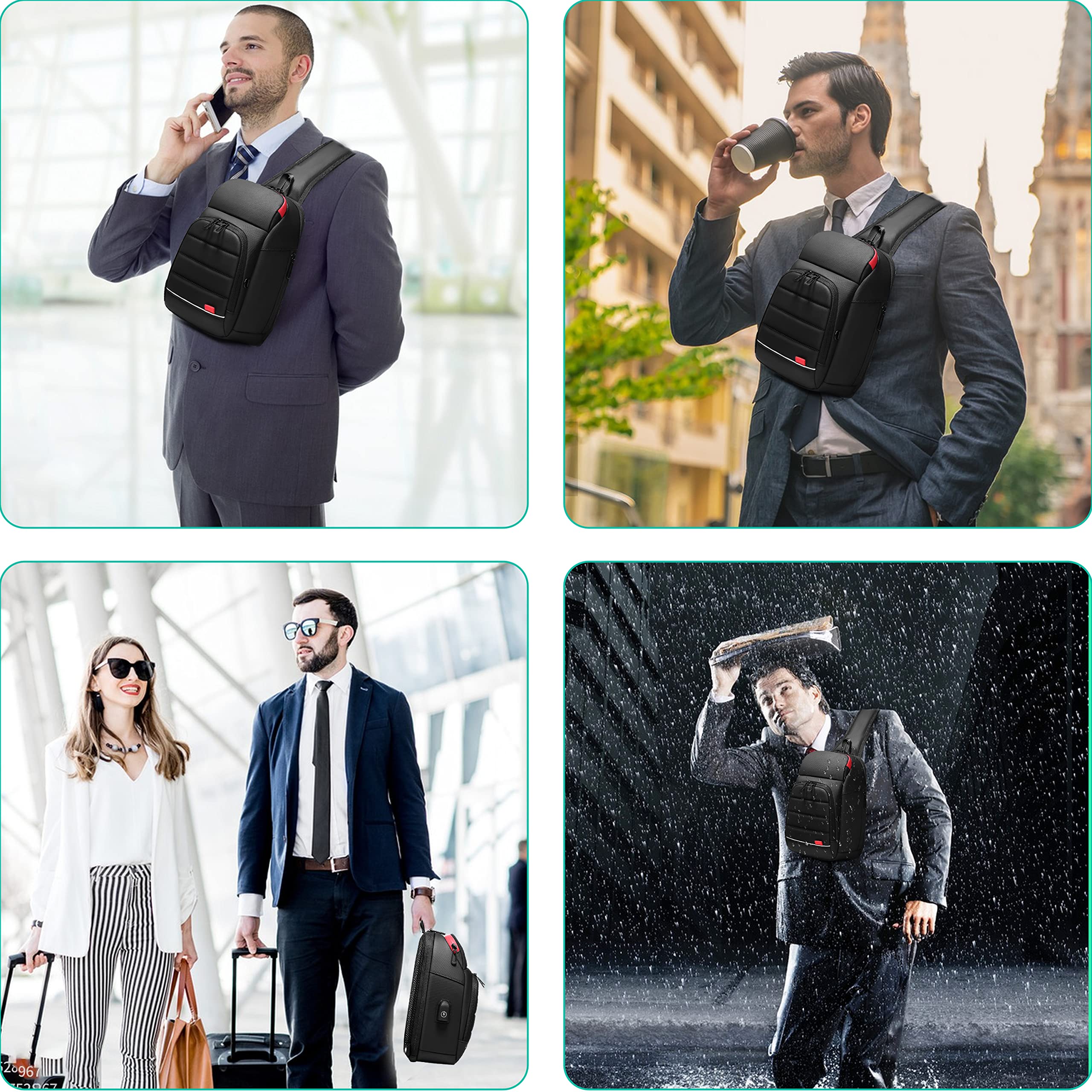 Mochila Cruzada Hombre Bolso Pecho Impermeable 7,9" Bandolera Cruzada con USB Bolso Práctico Para Viaje Deporte Oficina Unversidad-Negro