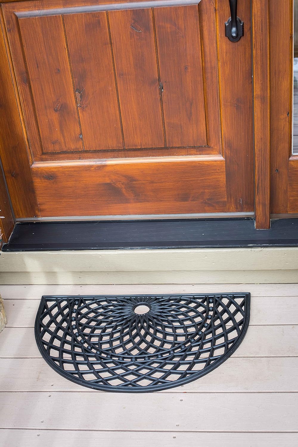 BIRDROCK HOME Half Round Rubber Doormat, Decorative Leaf & Sun Design, 17.72" x 29.92", Outdoor Front Door Mat, Low Profile Welcome Entry Rug for Porch, Patio, Garage & Mudroom, Black