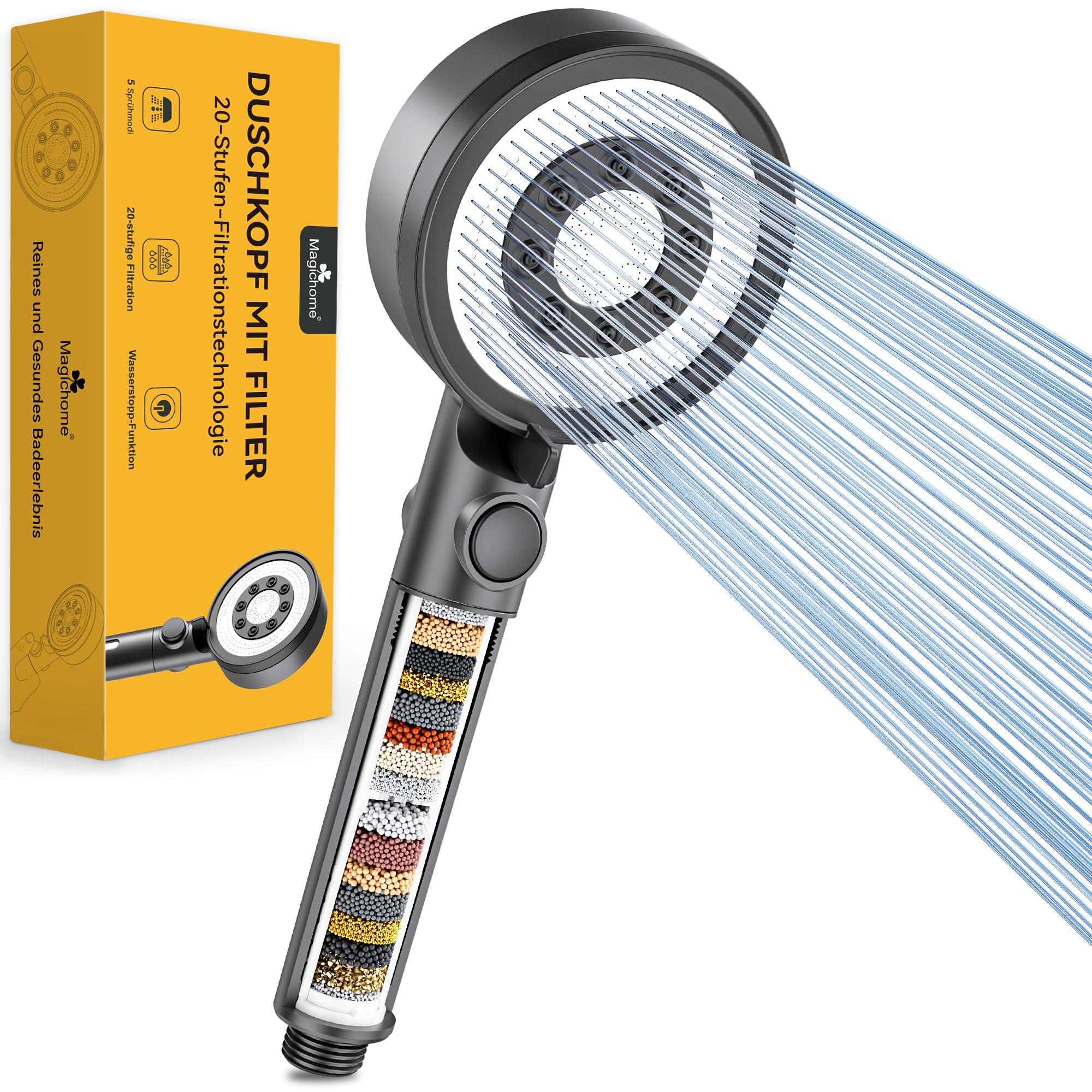 Magichome Soffione Doccia Anticalcare con Filtro a 20 Fasi, Alta Pressione Soffione Doccia, Kit Doccia con Tubo da 1,5 Metri (Nero)
