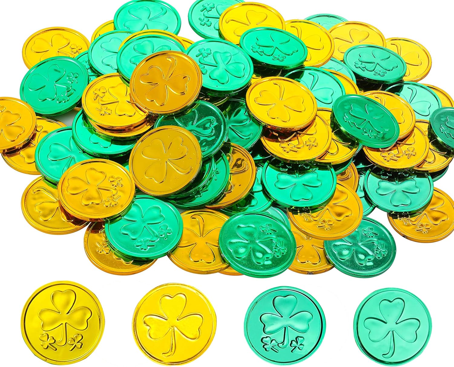 SIZGAROOT 150 PCS Gold Coins St. Patrick's Day Leprechaun Fake Plastic Shamrock Gold Green Coin Party Favors Supplies
