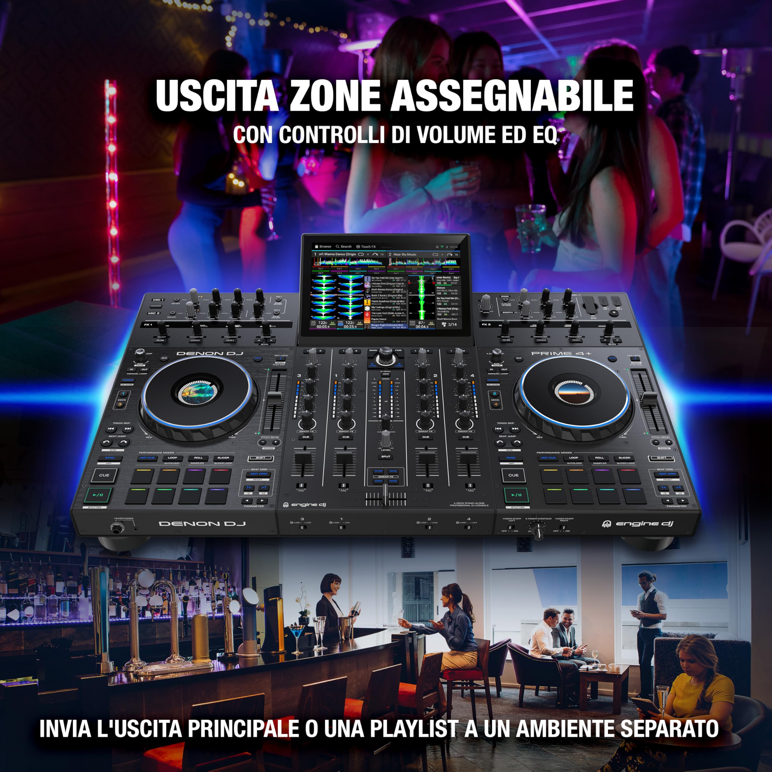 Denon DJ PRIME 4+ Controller 4-Deck Stem Separation Wi-Fi Mixer Drop Sampler 10.1" Touchscreen Luci Nero