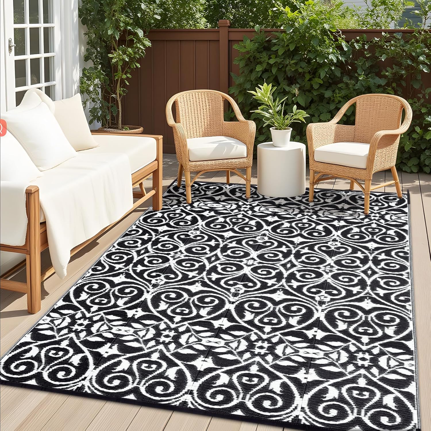 OLANLY Outdoor Rug Waterproof 8x10 ft Clearance, Reversible Outdoor Plastic Straw Rug with Floral Pattern, RV Mat for Patio, Camping, Balcony, Deck, Backyard, Black & White