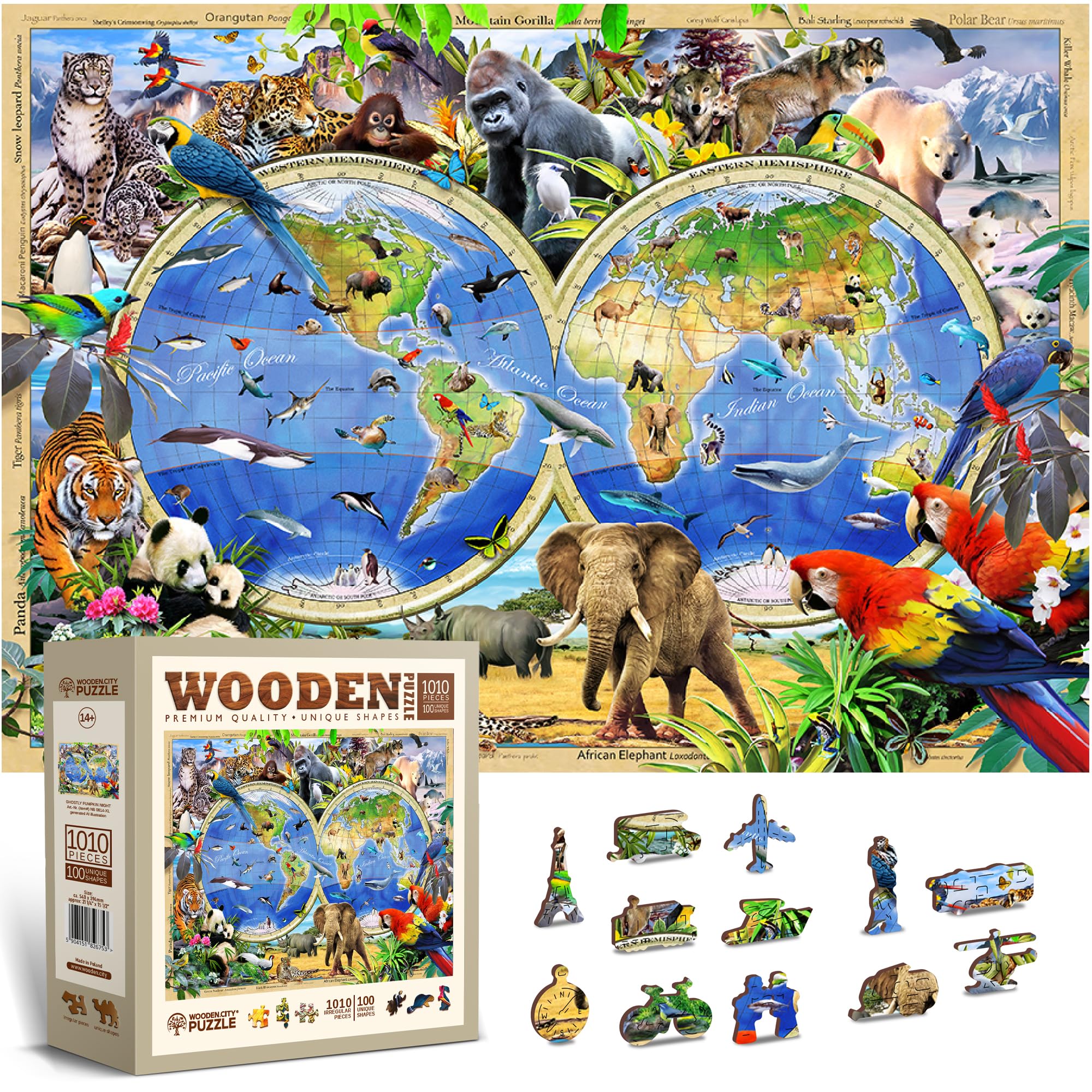 Wooden Jigsaw Puzzles for Adults - 1000 Pieces Size 51.9 x 37.5 cm - Premium Quality Wooden Jigsaws - Unique Shape Best Gift for Adults (Animal Kingdom Map)