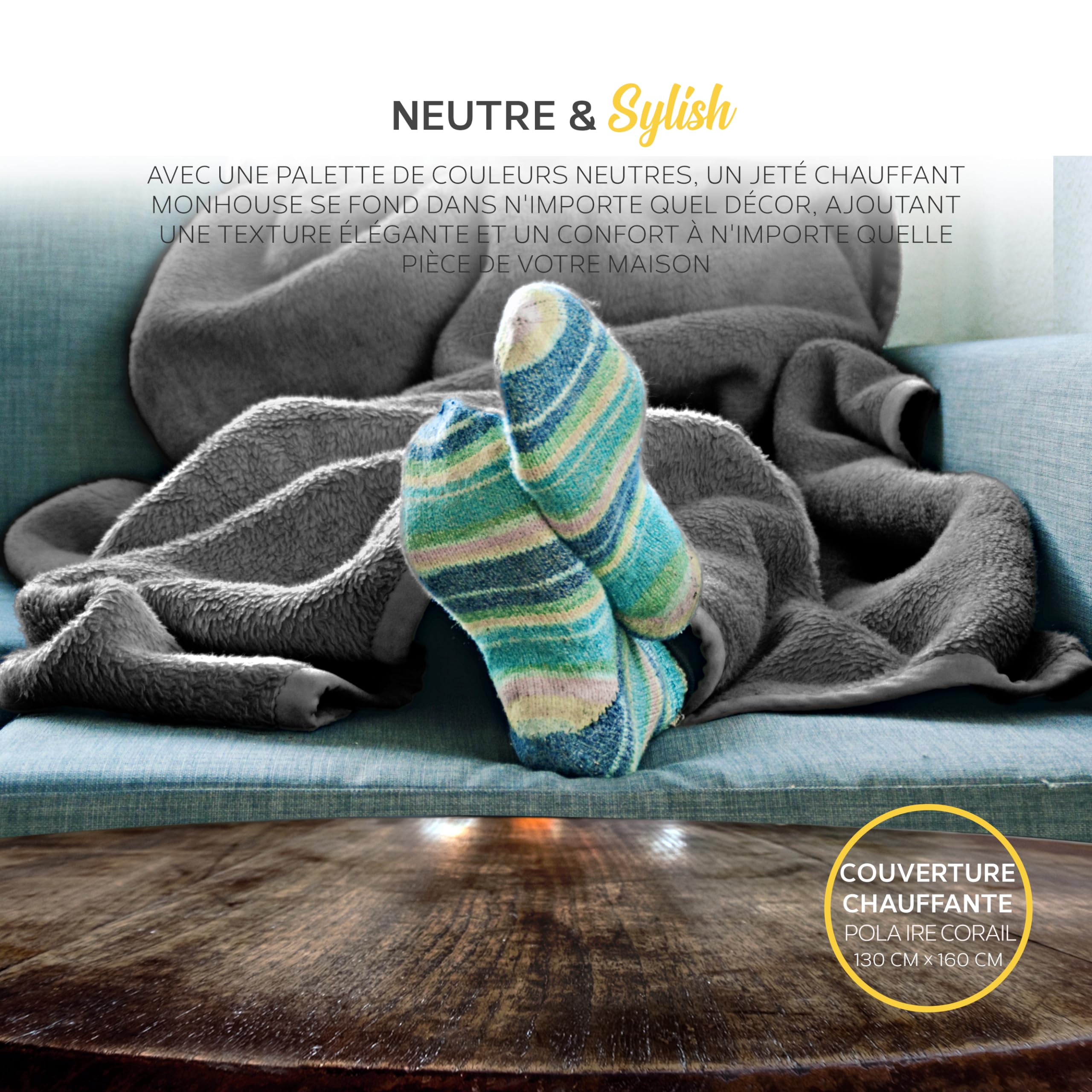 MONHOUSE Jete Chauffant - Couverture Electrique - Controleur Numerique - Minuterie Jusqu a 9 Heures, 9 Reglages De Chaleur, Arret Automatique - Simple 130x160cm - Gris