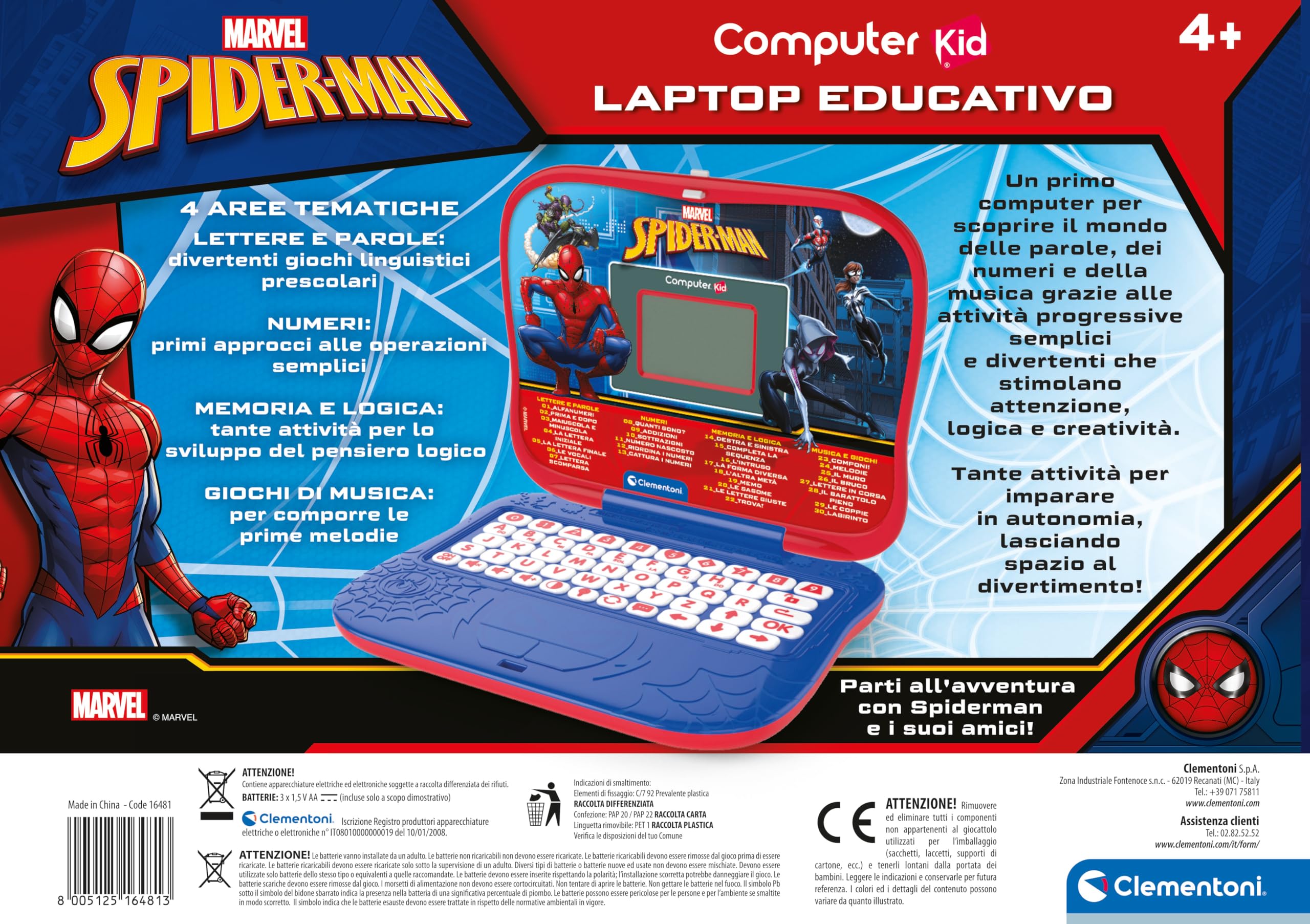 Clementoni - Computer Kid Spiderman Laptop Educativo Bambini 4+ Anni, 30 attività Educative, Gioco Elettronico per Imparare Lettere, Numeri, Musica e Logica, Batterie Incluse, Lingua Italiana, 16481
